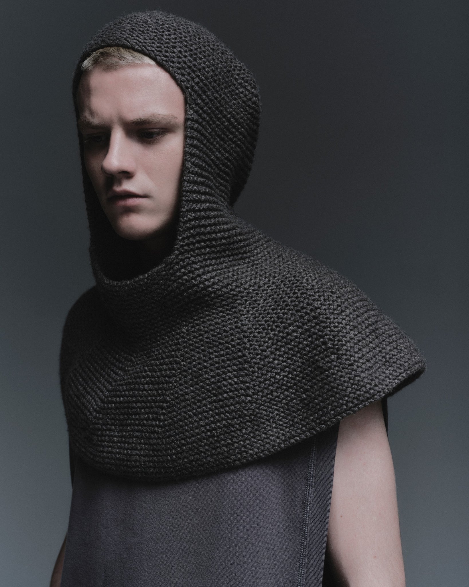 Grey Knitted Shoulder-Draped Balaclava