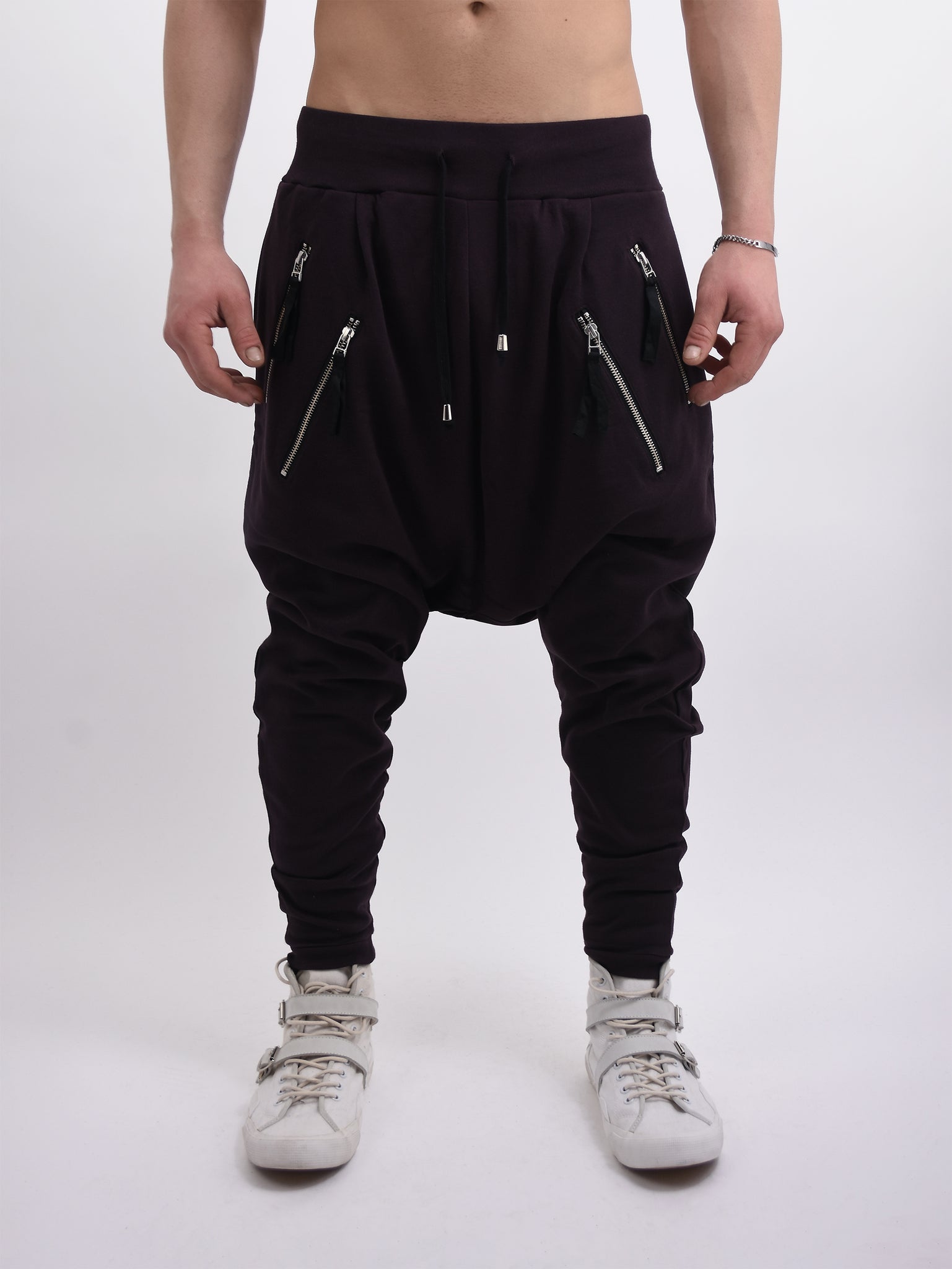 Burgundy Drop Crotch Joggers with Double Zip