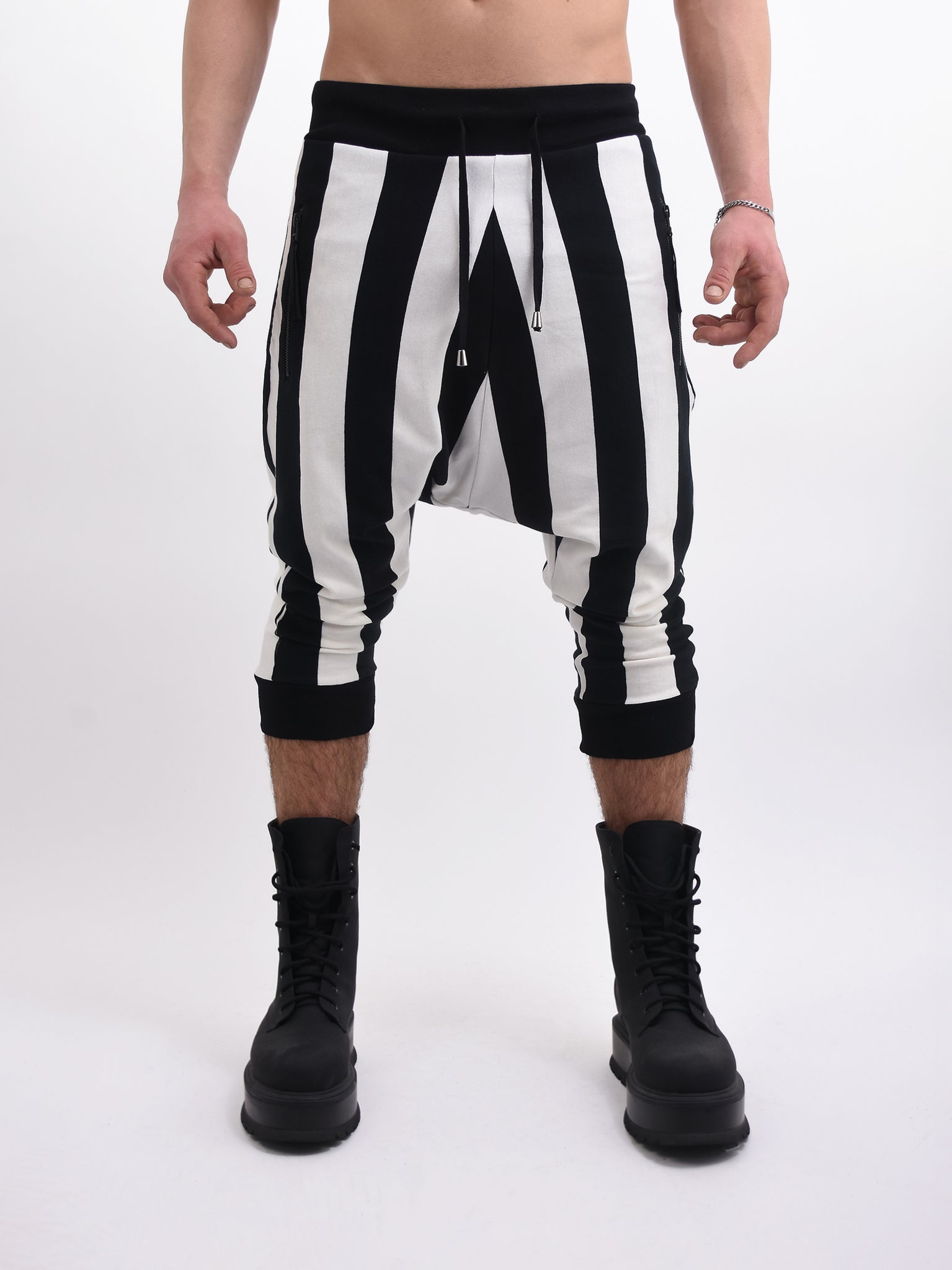 Black and White Stripe Cropped Drop Crotch Joggers