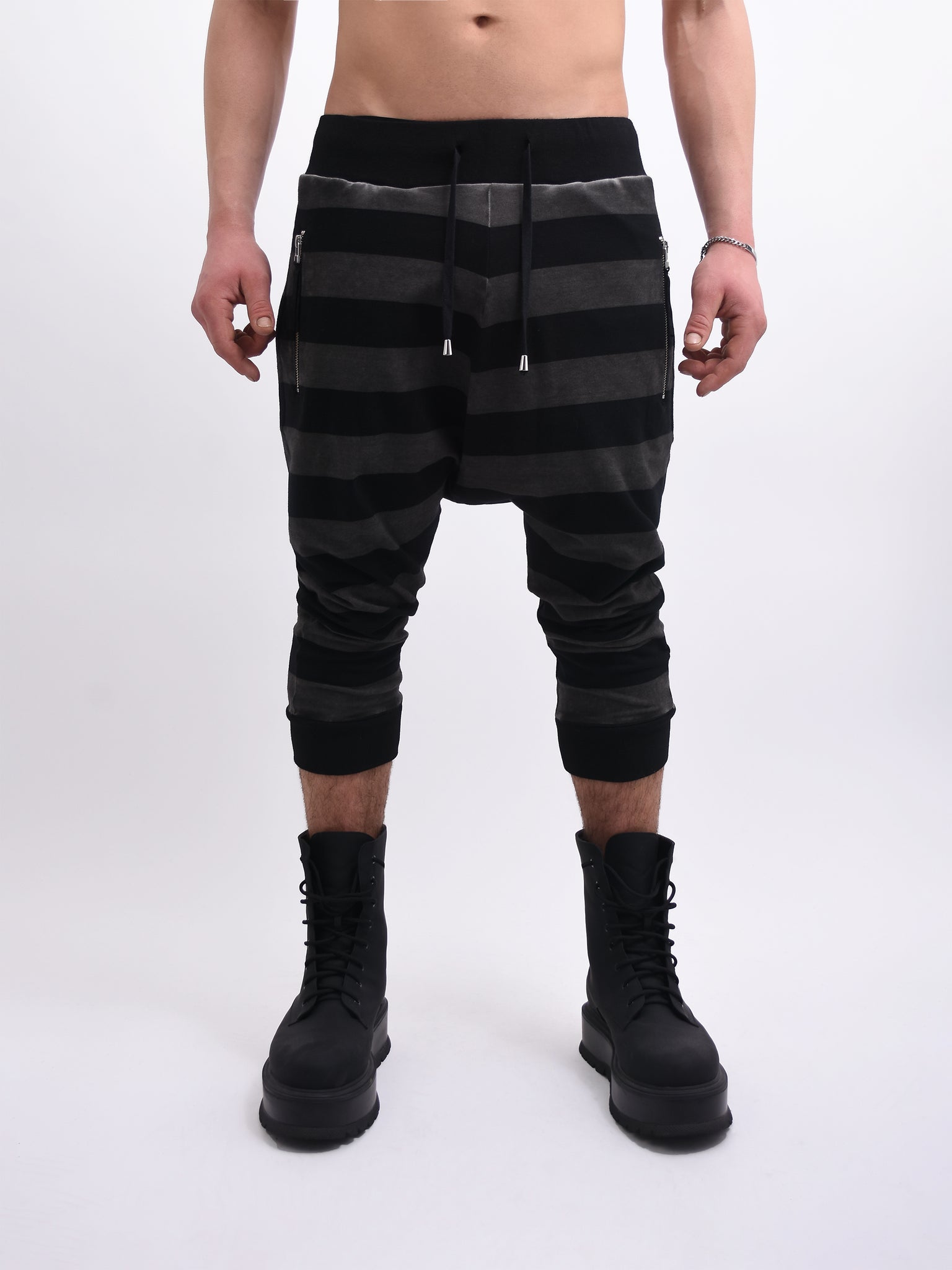 Black and Shadow Stripe Cropped Drop Crotch Joggers