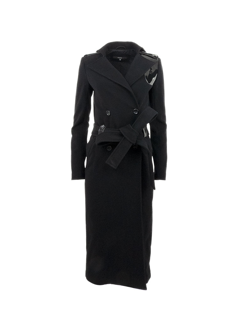 Black Wool Coat with Patent Details