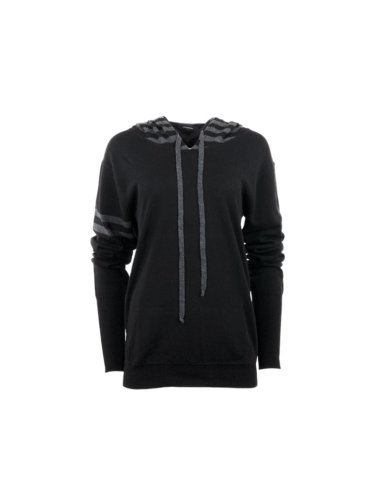 Black Merino Hoodie with Dark Grey Stripes