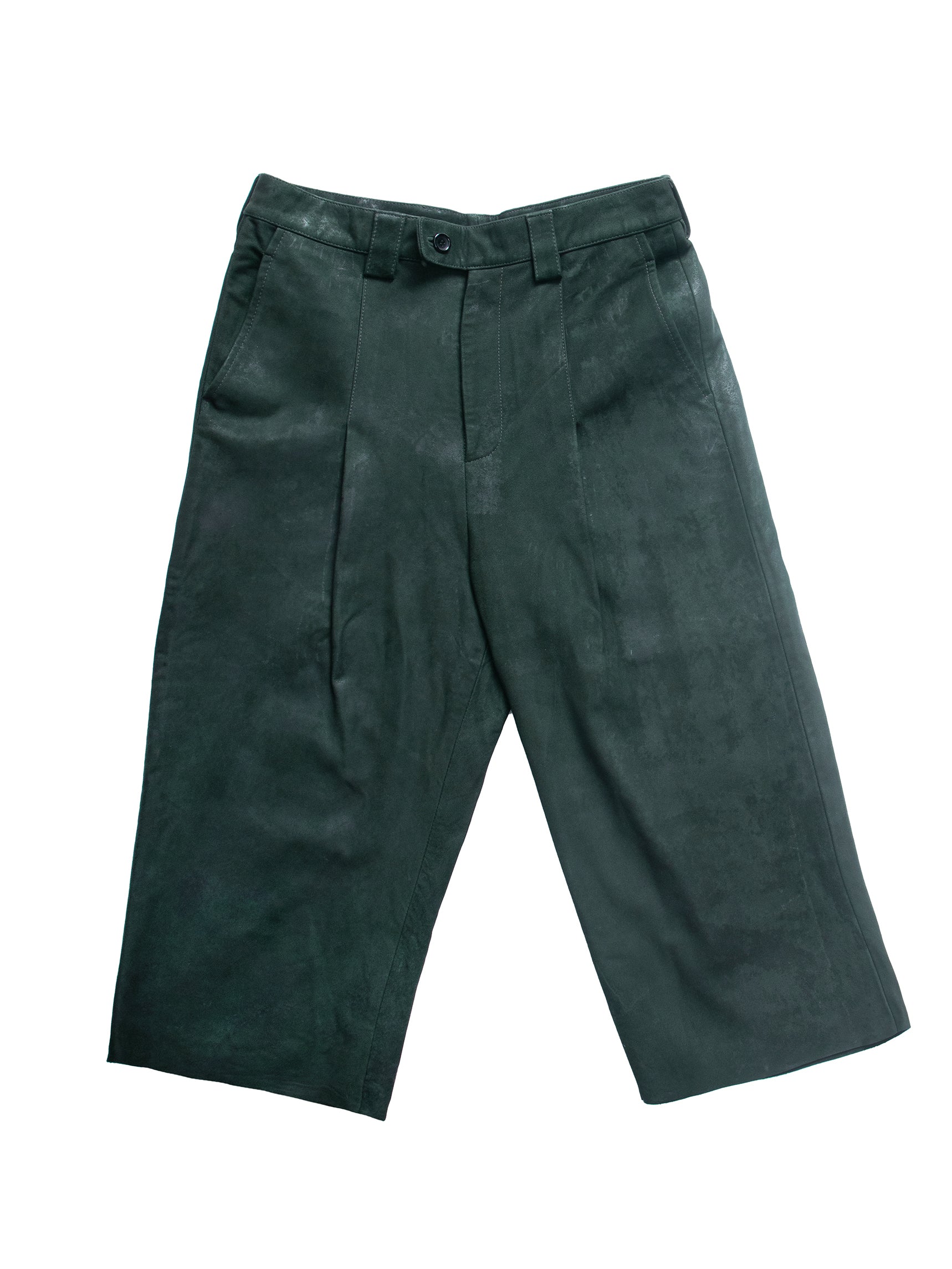 Moss Green Leather Long Pleated Shorts
