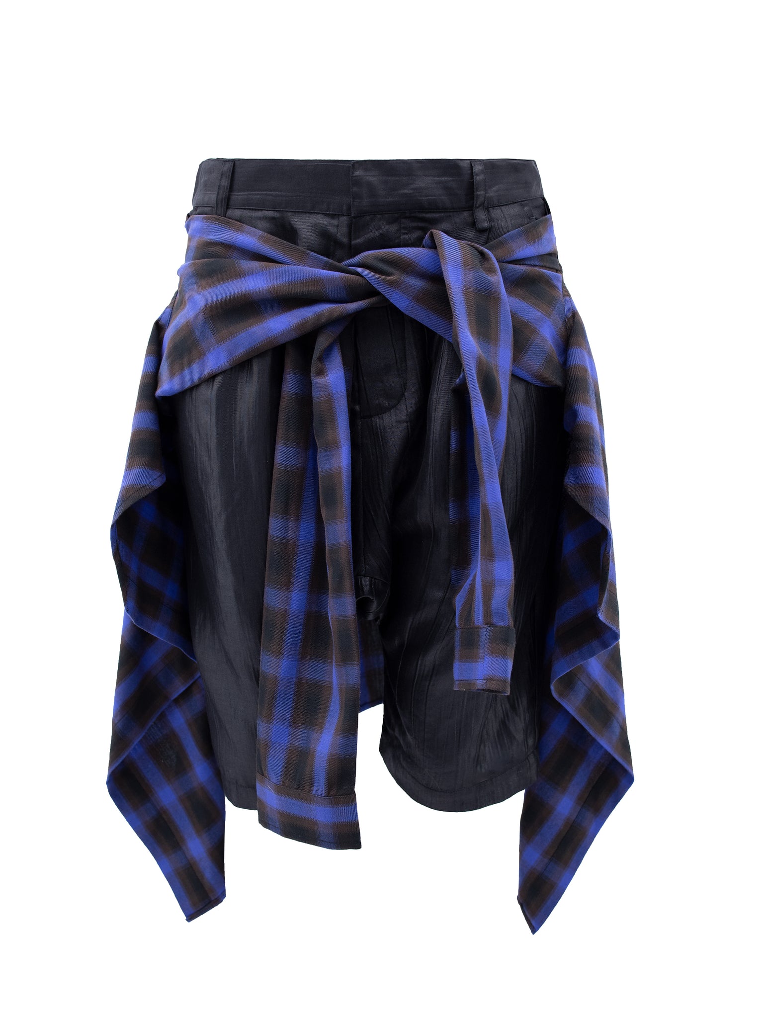 Black Shine Shorts with Tartan Layer