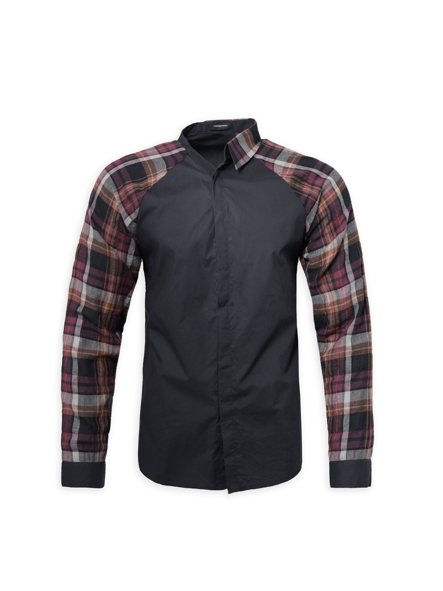 Black Half Collared Shirt with Checked Sleeves