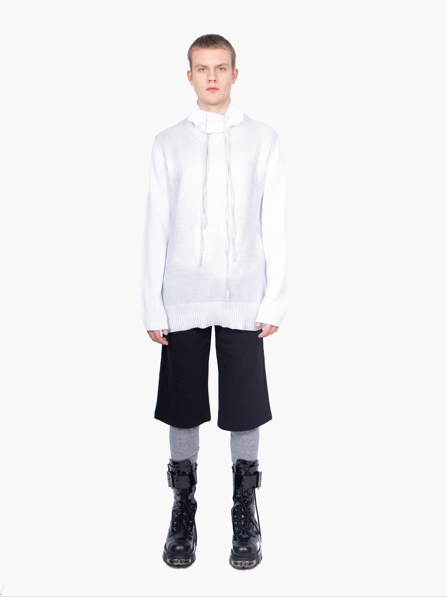 White Short Sleeve Shirt With Funnel Neck