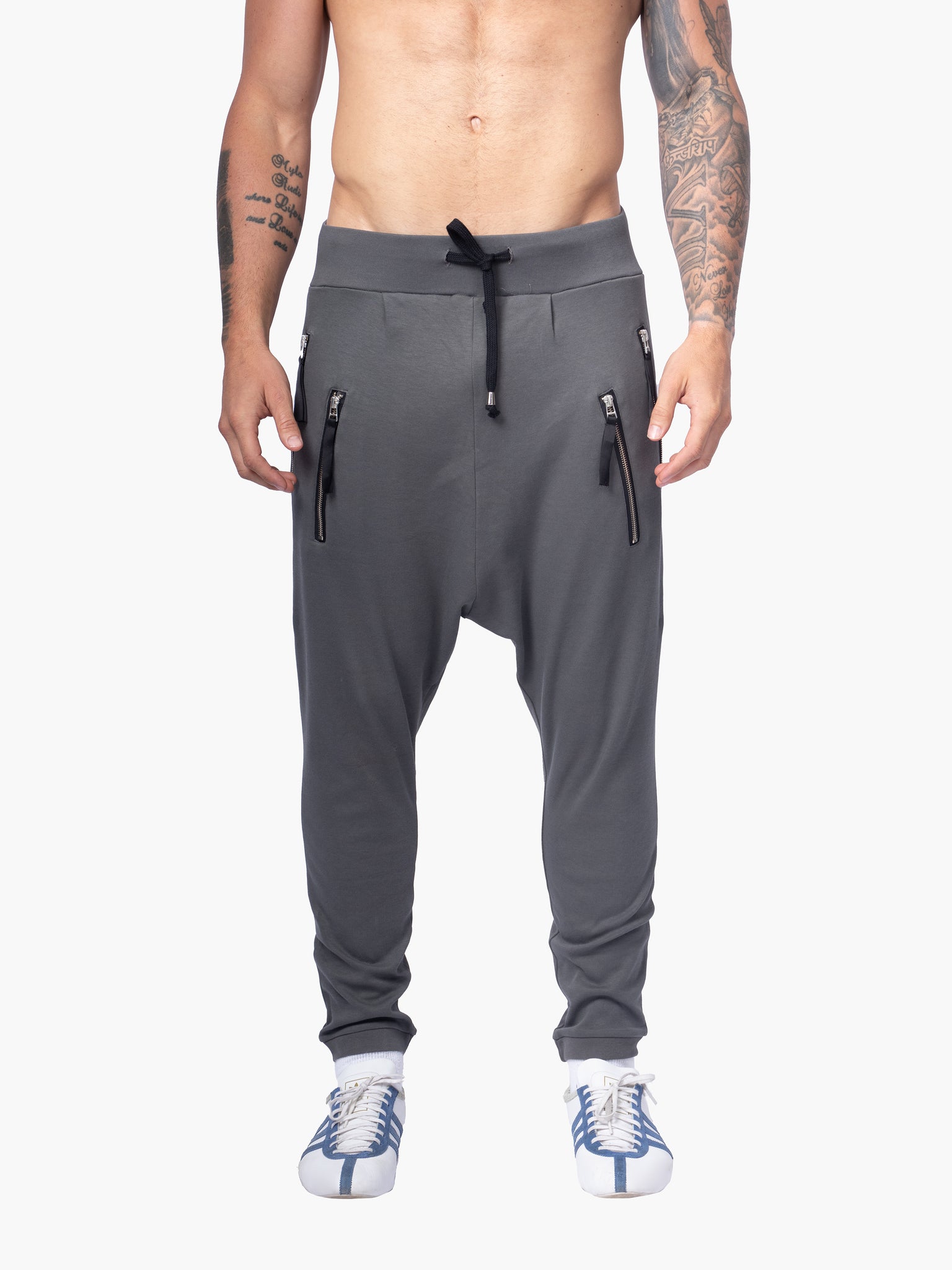 Grey Drop Crotch Joggers with Double Zip