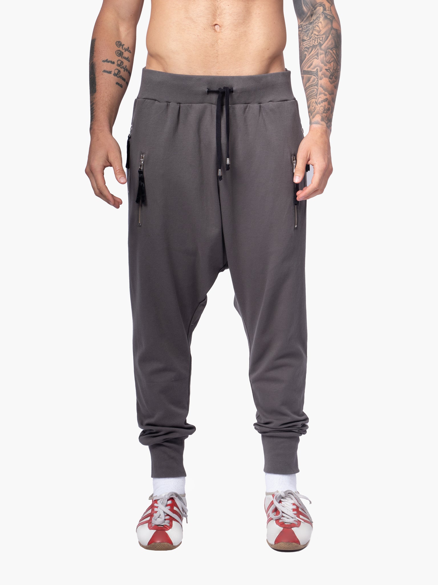 Grey Drop Crotch Joggers with Double Zip