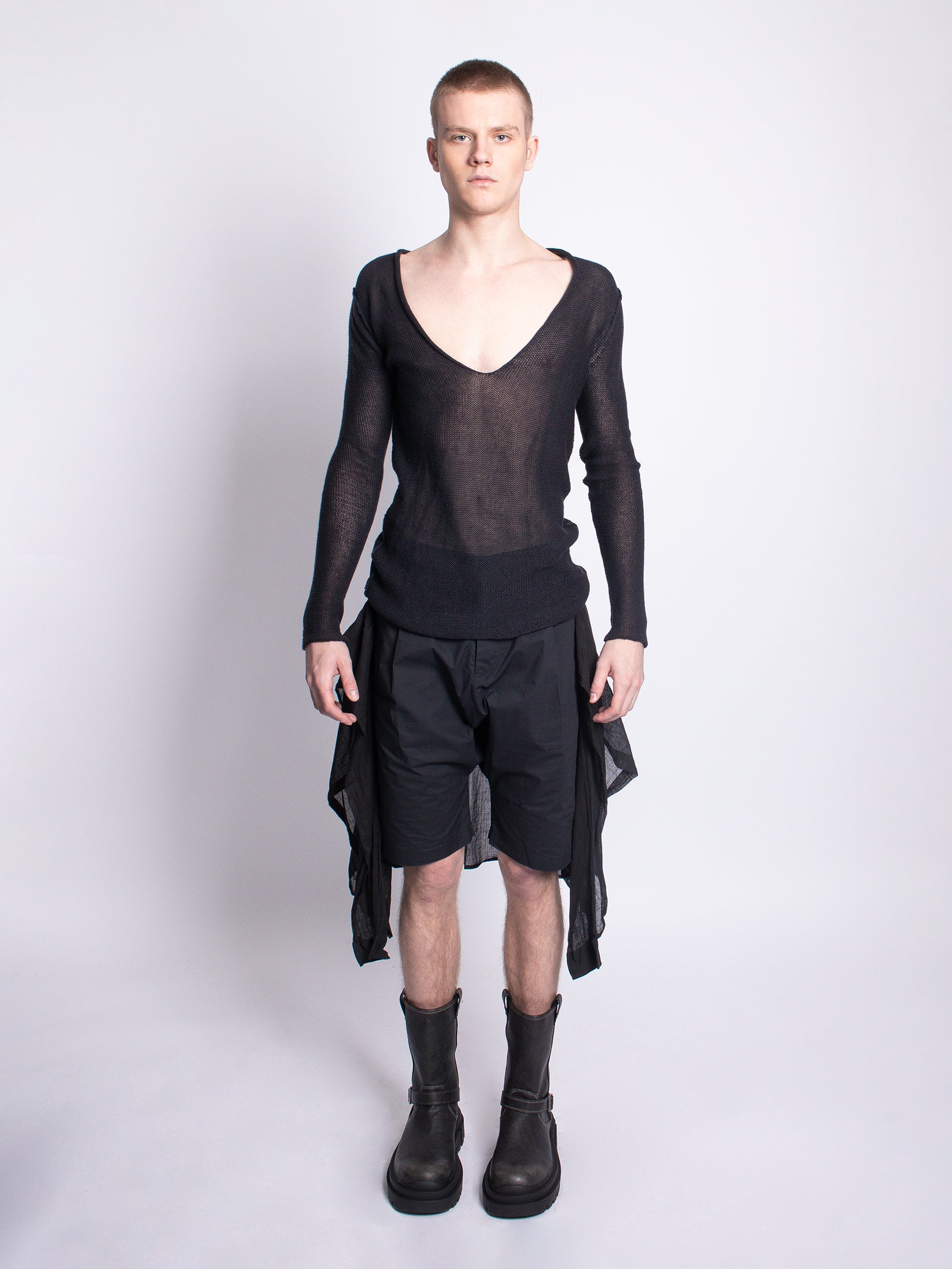 Black Cotton Shorts With Tie-Up Sleeves