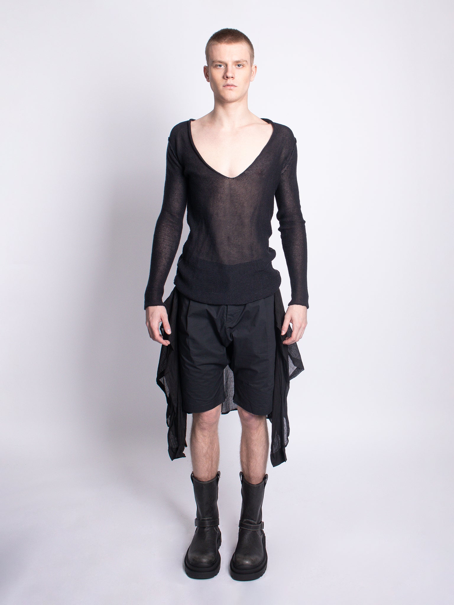 Black Cotton Shorts with Tie-Up Sleeves