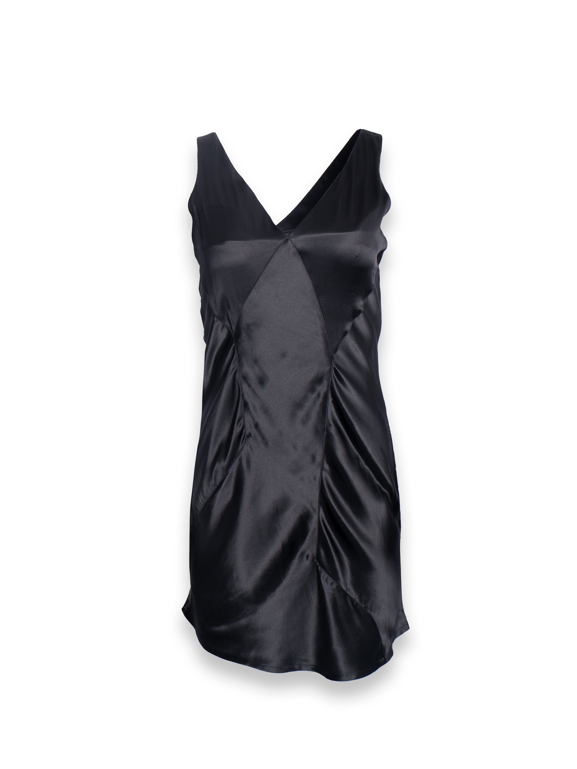 Black Silk Dress with Runched Details and An Assymetric Neckline