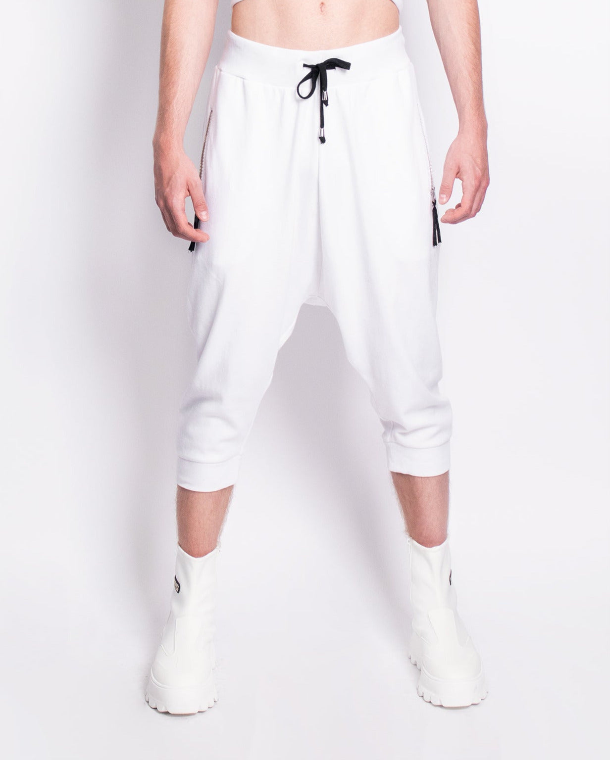 White Cropped Drop Crotch Joggers