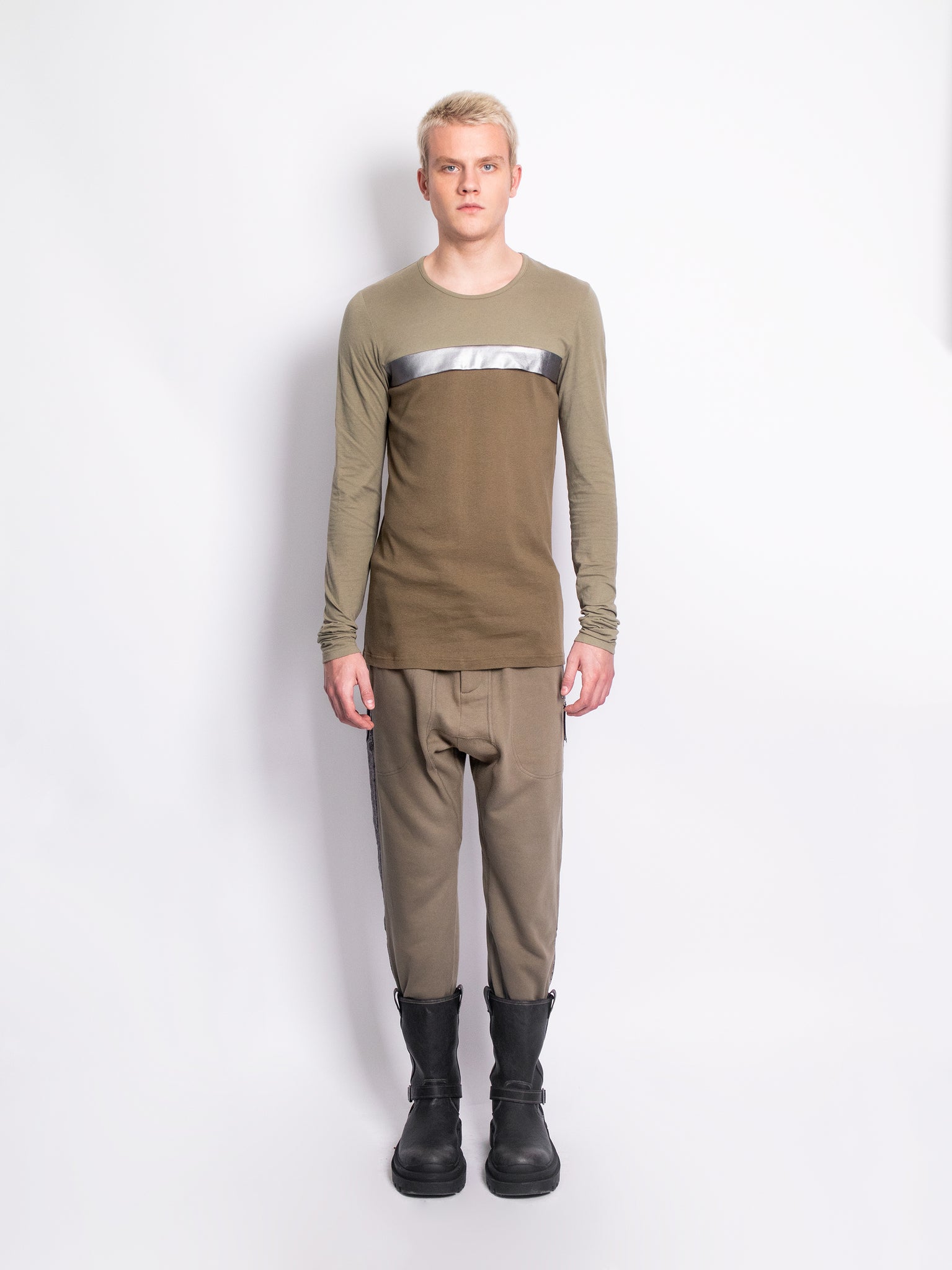 Khaki Green Jogger Trousers With Silver Foil Side Stripes