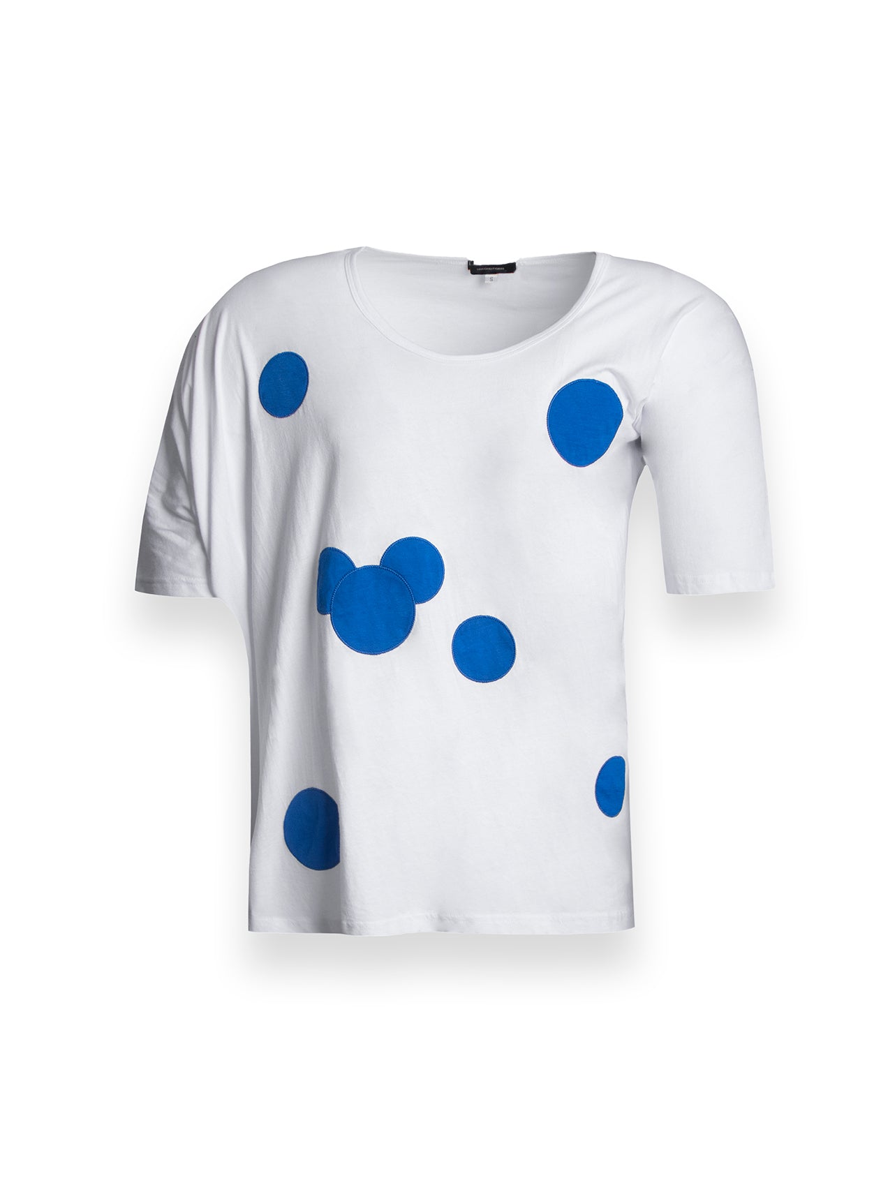 White Asymmetric Style T-Shirt with Blue Dot Accents