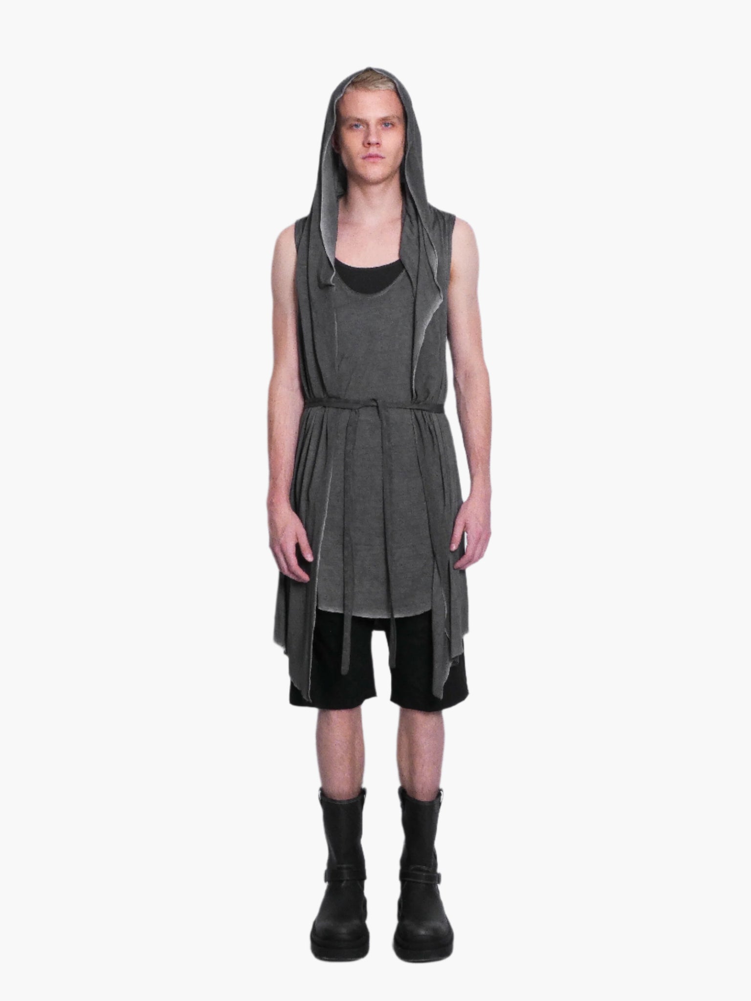 Charcoal Grey Vest Top with Drape Detail and Hood