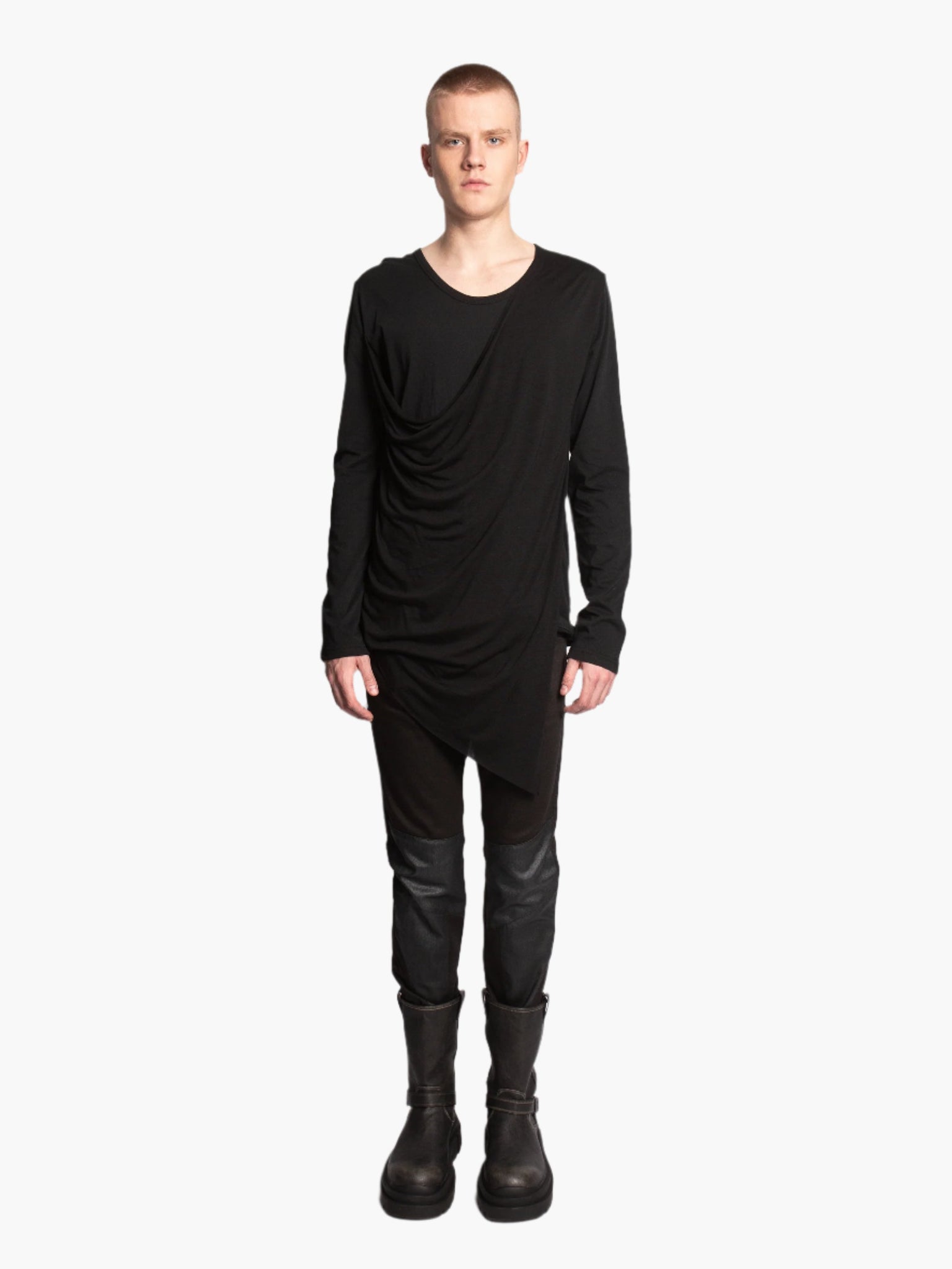 Long Sleeve Black Top with Cowl Neckline Drape Detail