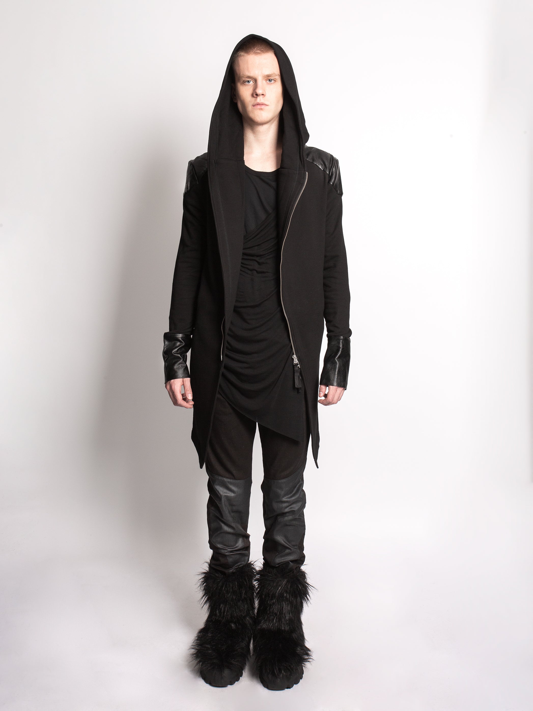 Black Long Line Hoodie with Leather Details