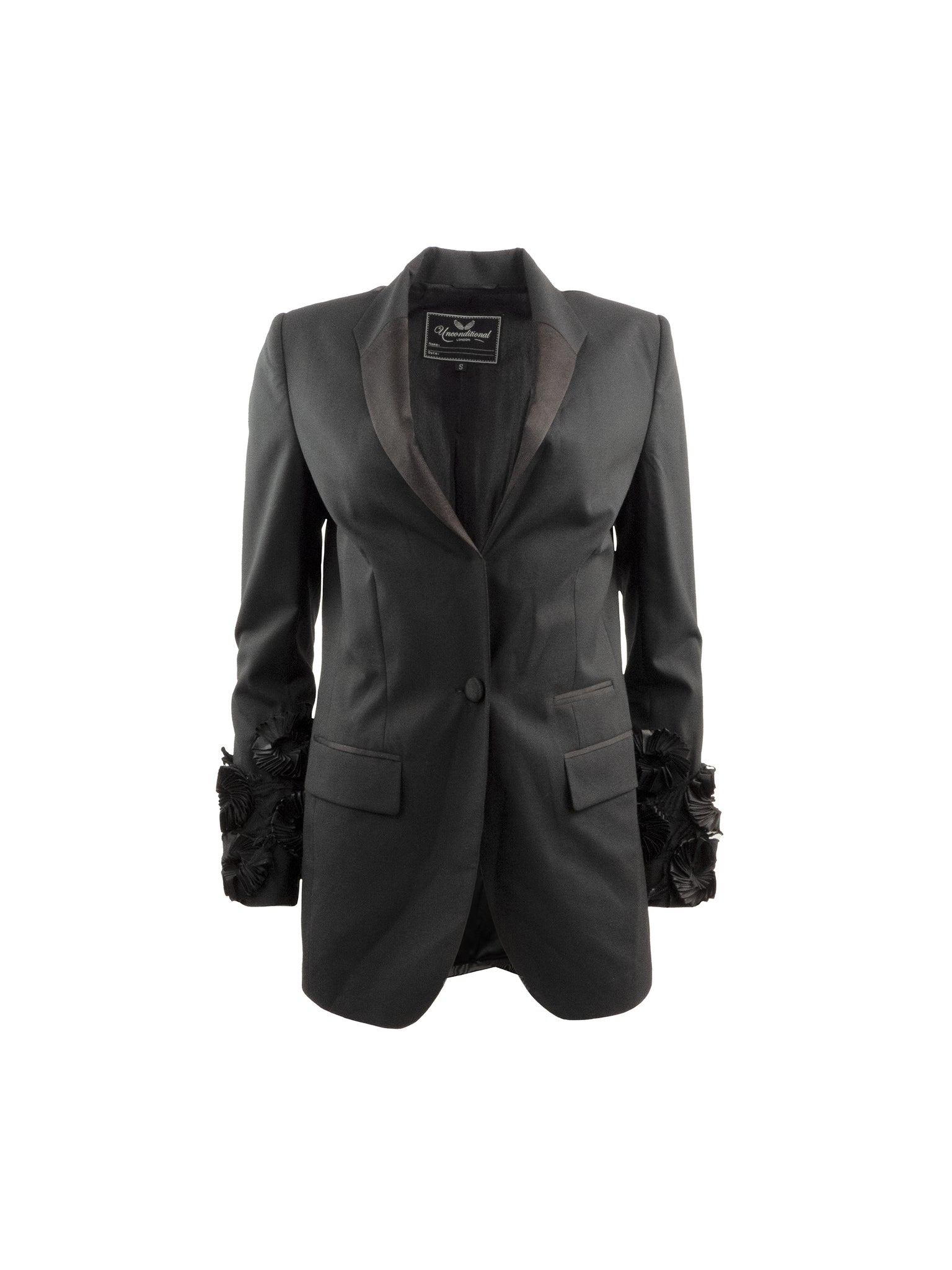 Black Satin Blazer with Silk Flower Sleeve Detail - Bespoke Piece