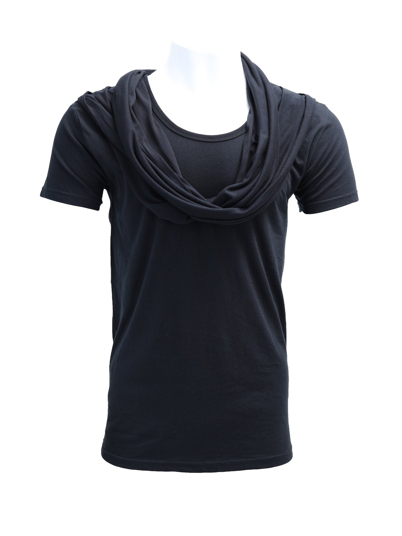 BLACK T-SHIRT WITH INTEGRATED SCARF