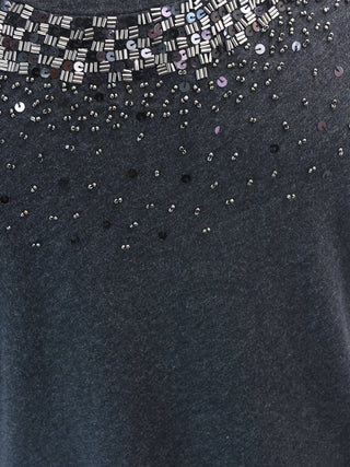 Dark Grey Asymmetric Sequin T-Shirt