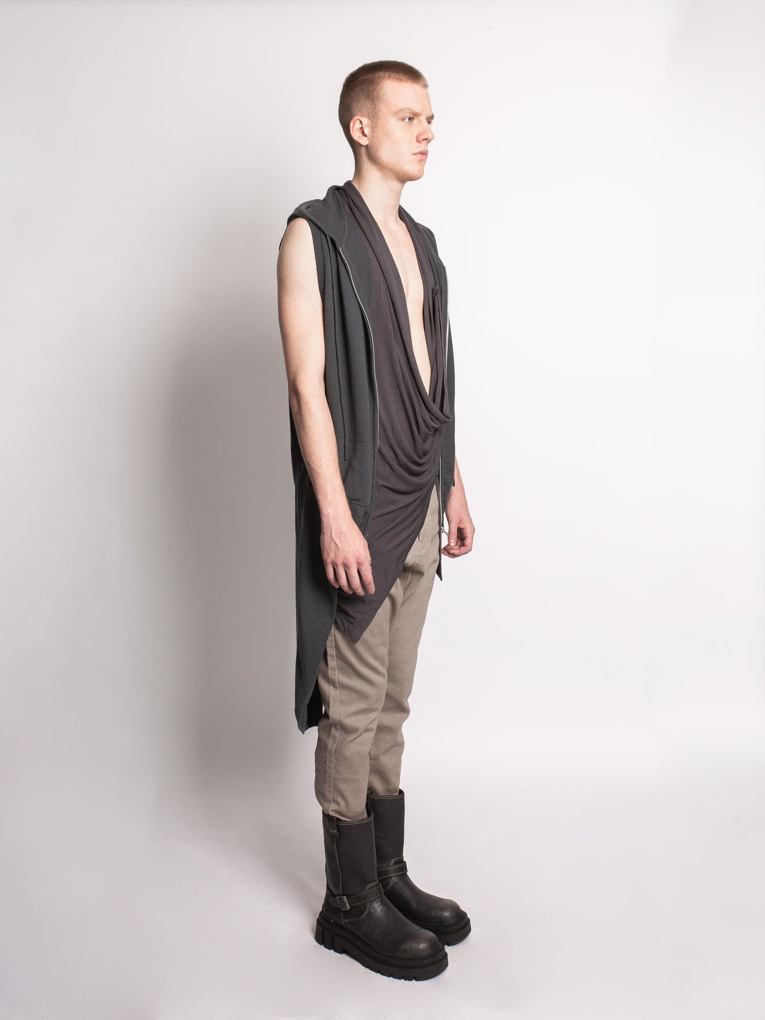 Dark Grey Tailcoat Zip Up Hooded Vest