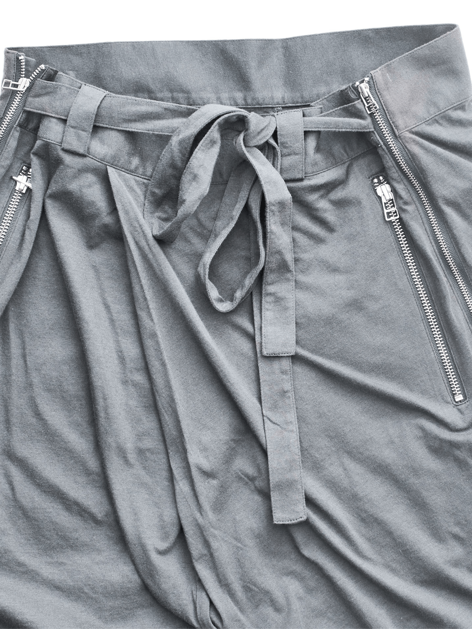 Grey Double Zip Drop Crotch Jogger Shorts with Waist Ties