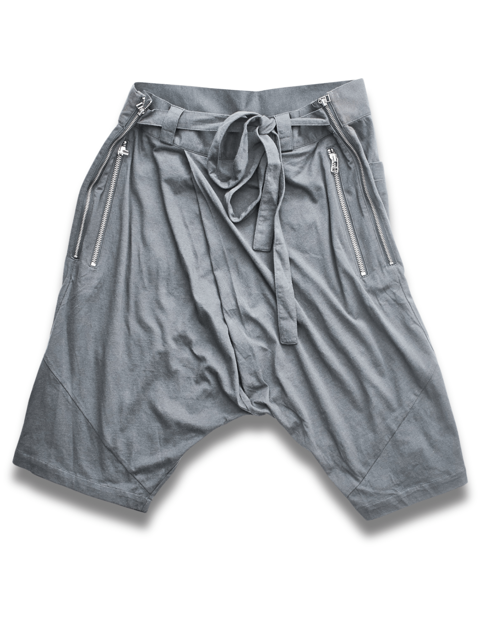 Grey Double Zip Drop Crotch Jogger Shorts with Waist Ties