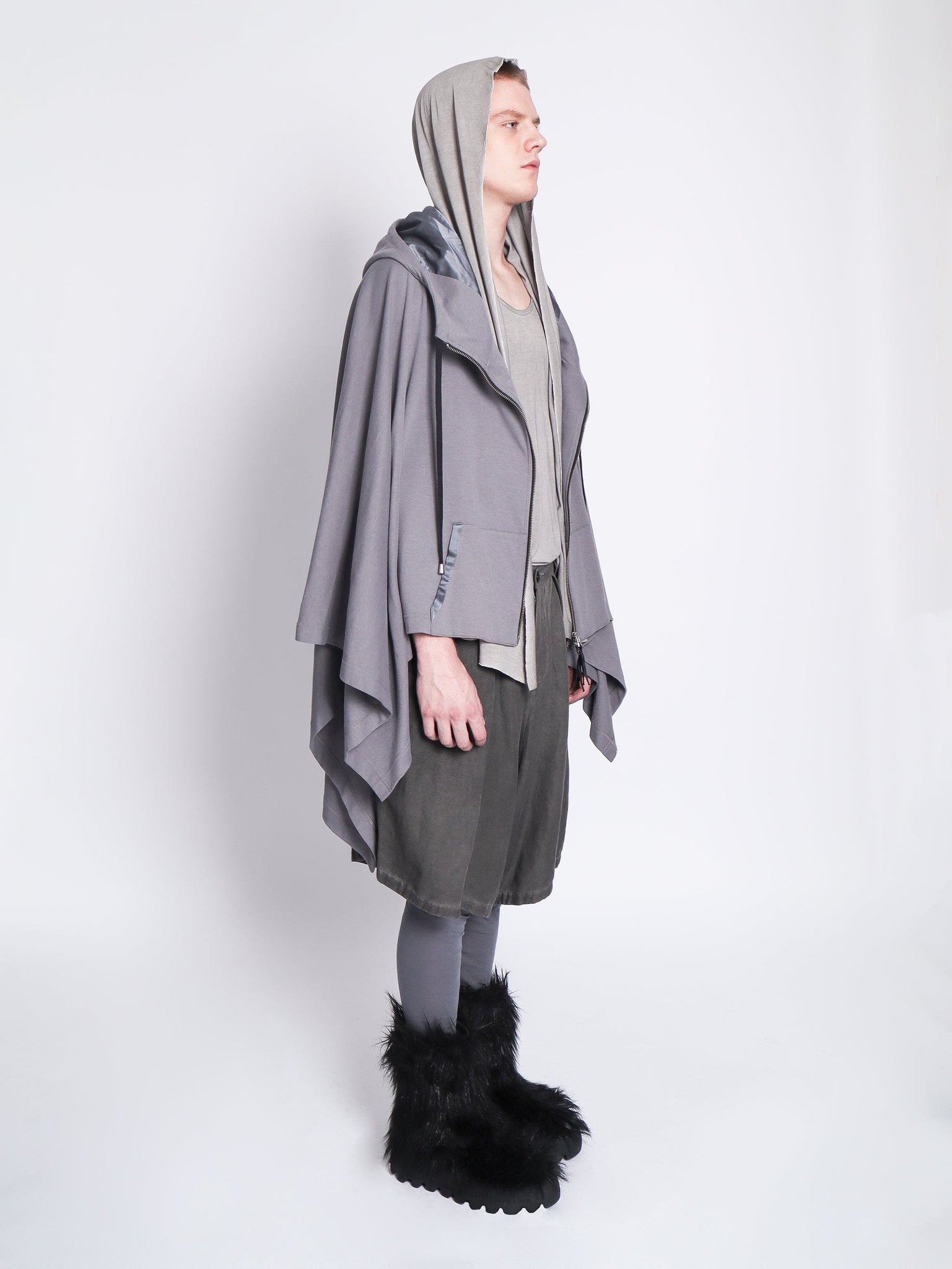 Grey Sleeveless Zip Up Poncho