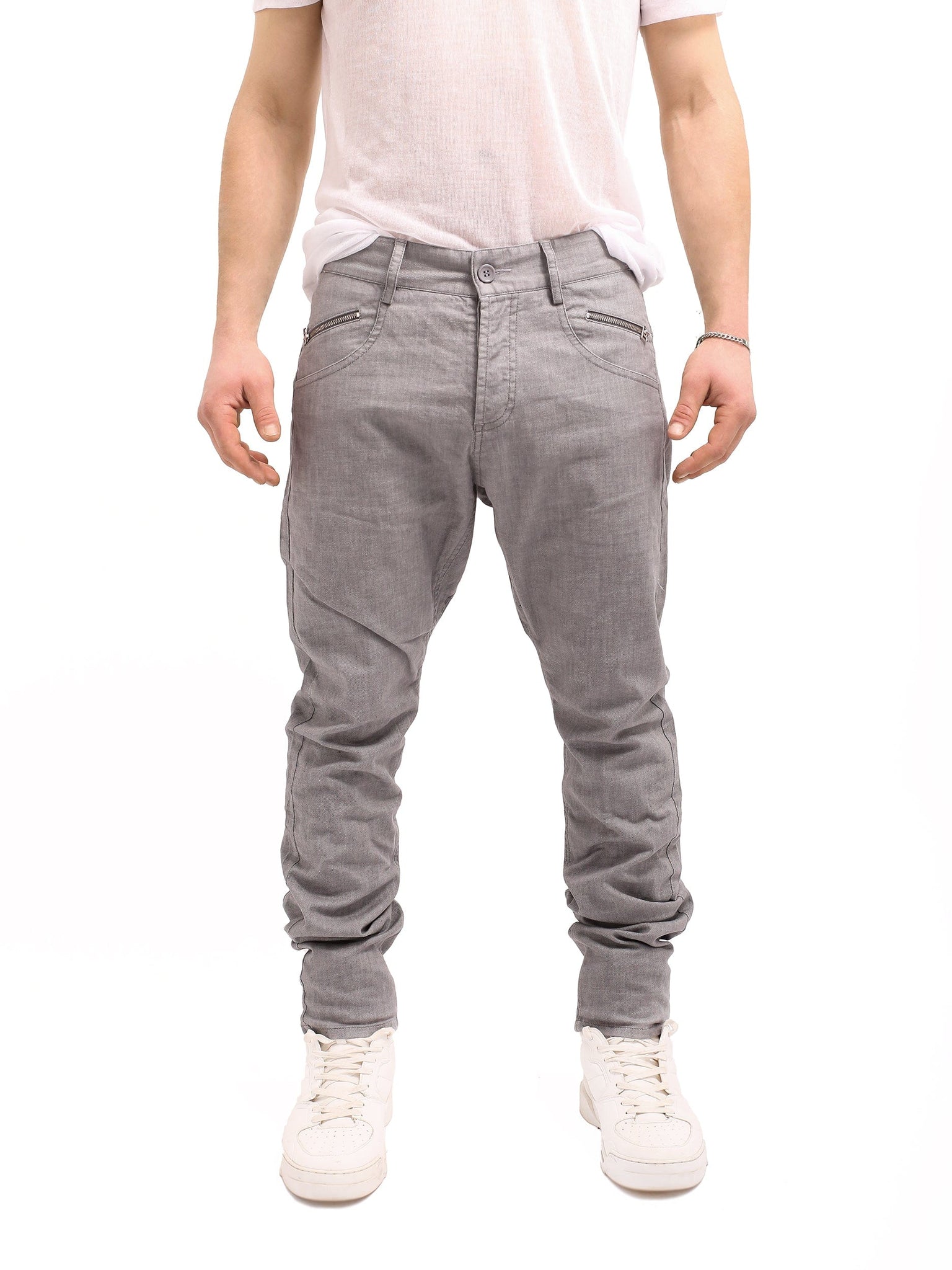 Grey Straight Leg Jeans with Zip Detail