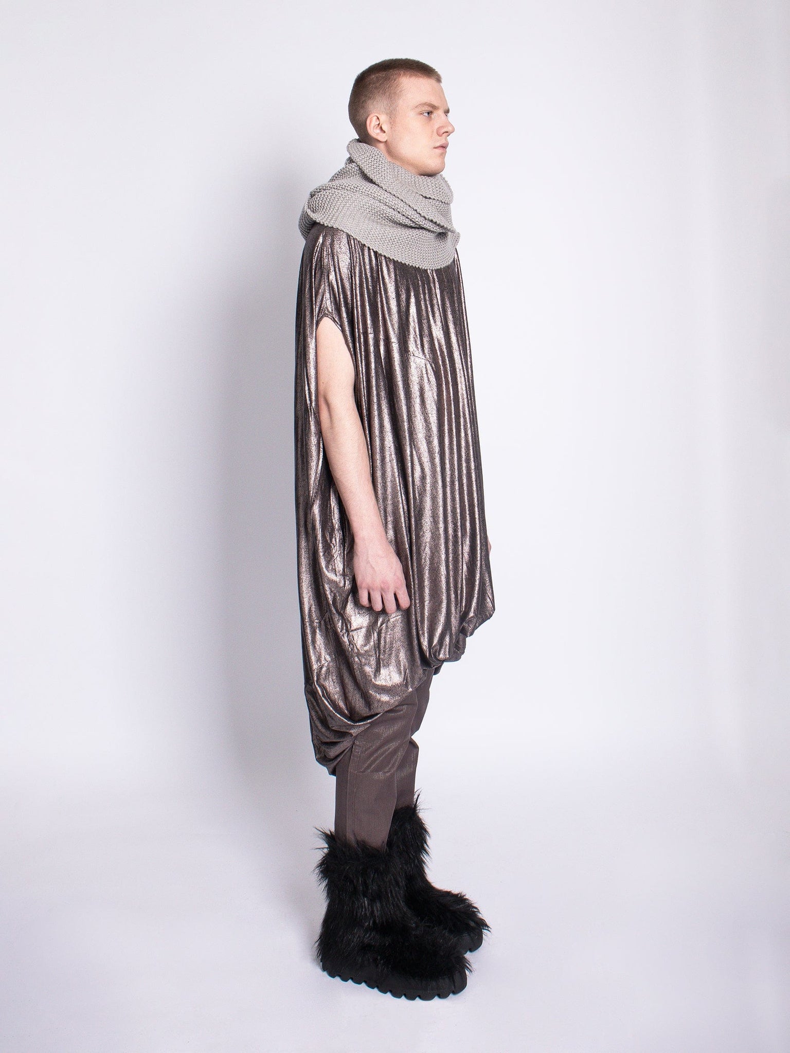 Long Foiled Rayon Jersey Bronze Dress