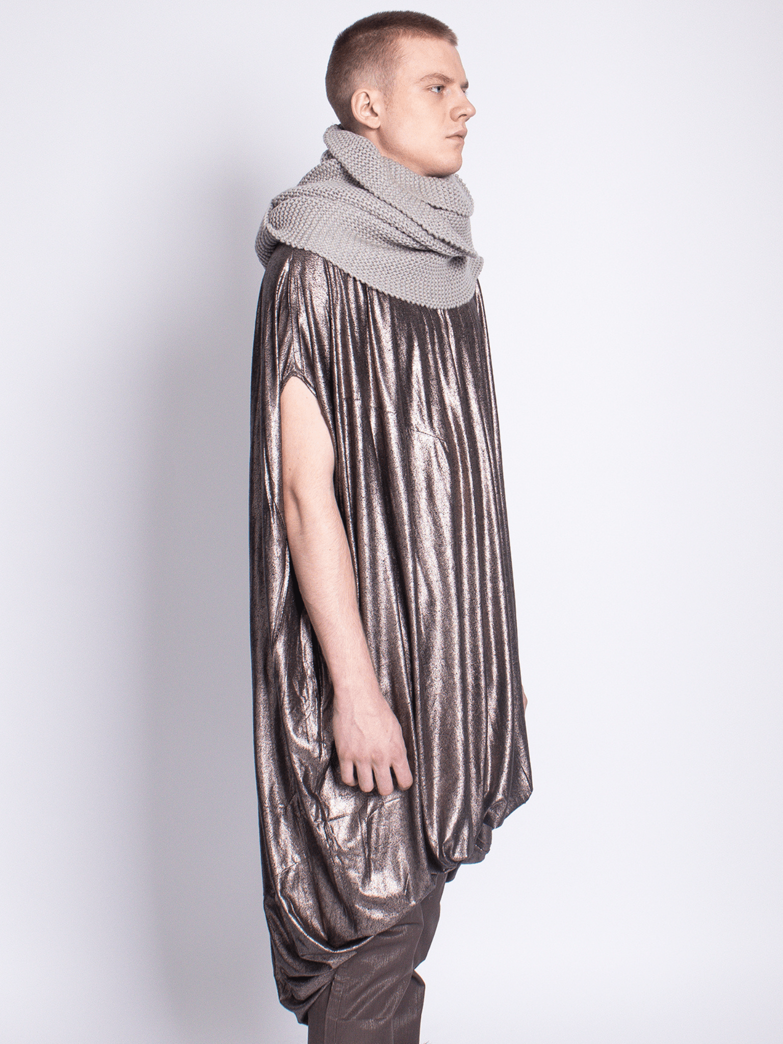 Long Foiled Rayon Jersey Bronze Dress