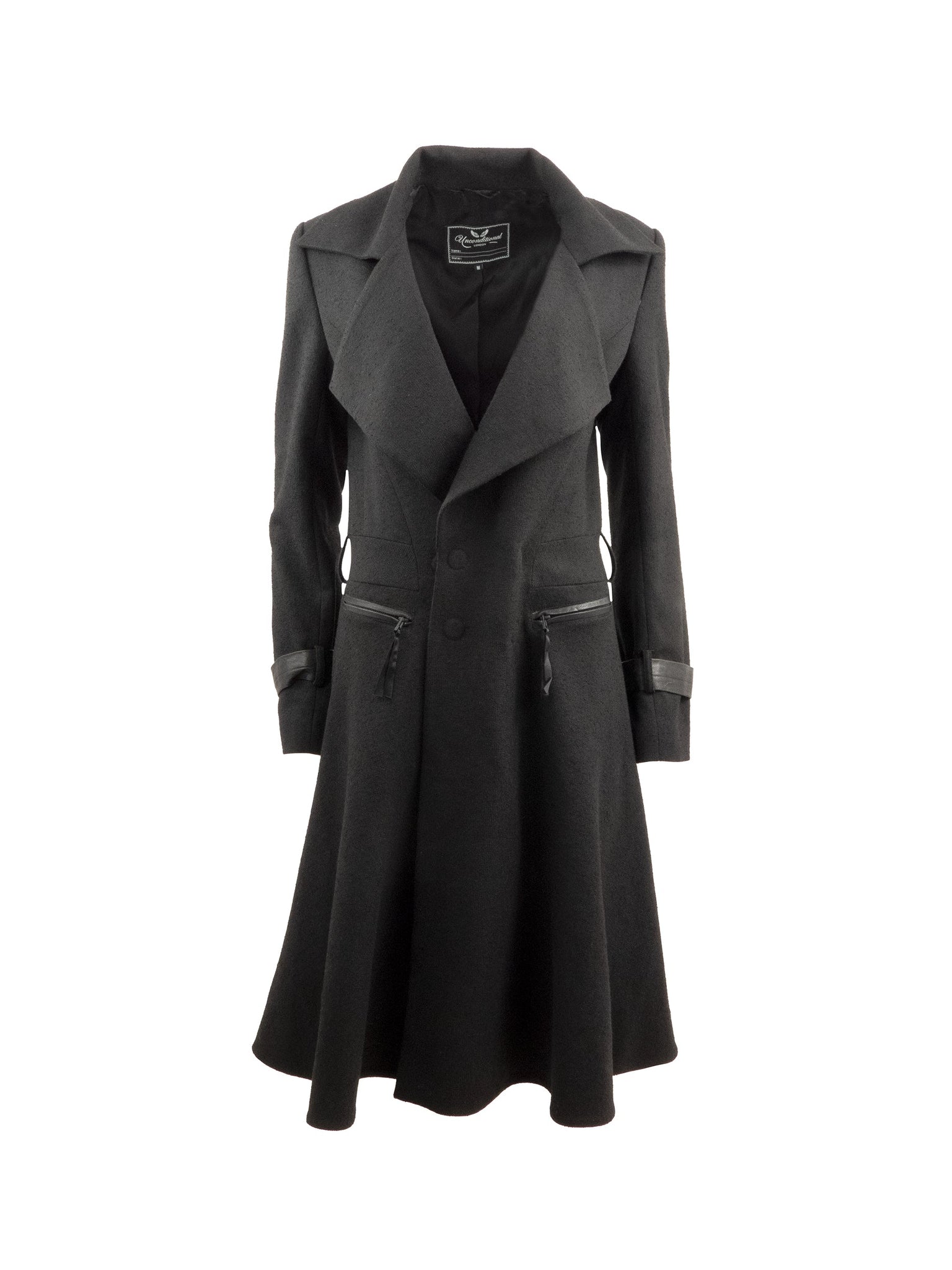 Low Double Breasted Wool Coat with Leather Detailing