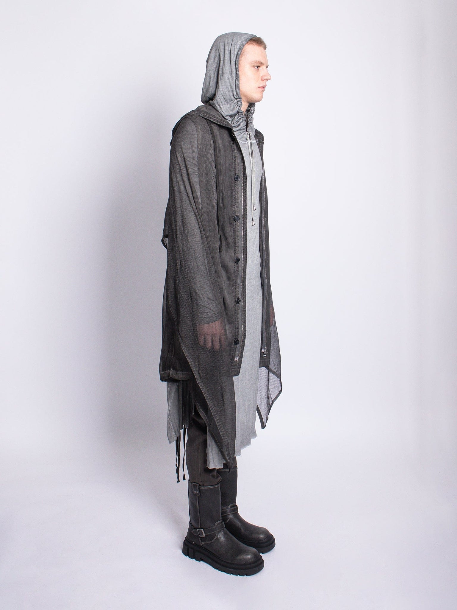 Military Cold Dye Poly Crinkle Chiffon Hooded Poncho Zip Up