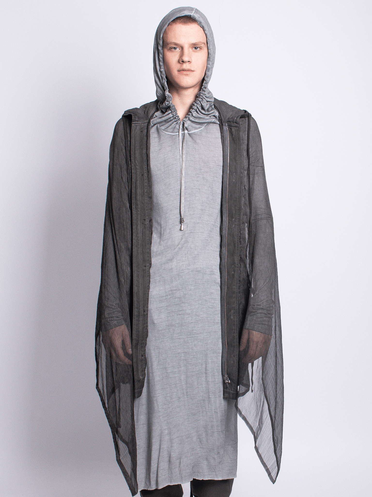 Military Cold Dye Poly Crinkle Chiffon Hooded Poncho Zip Up