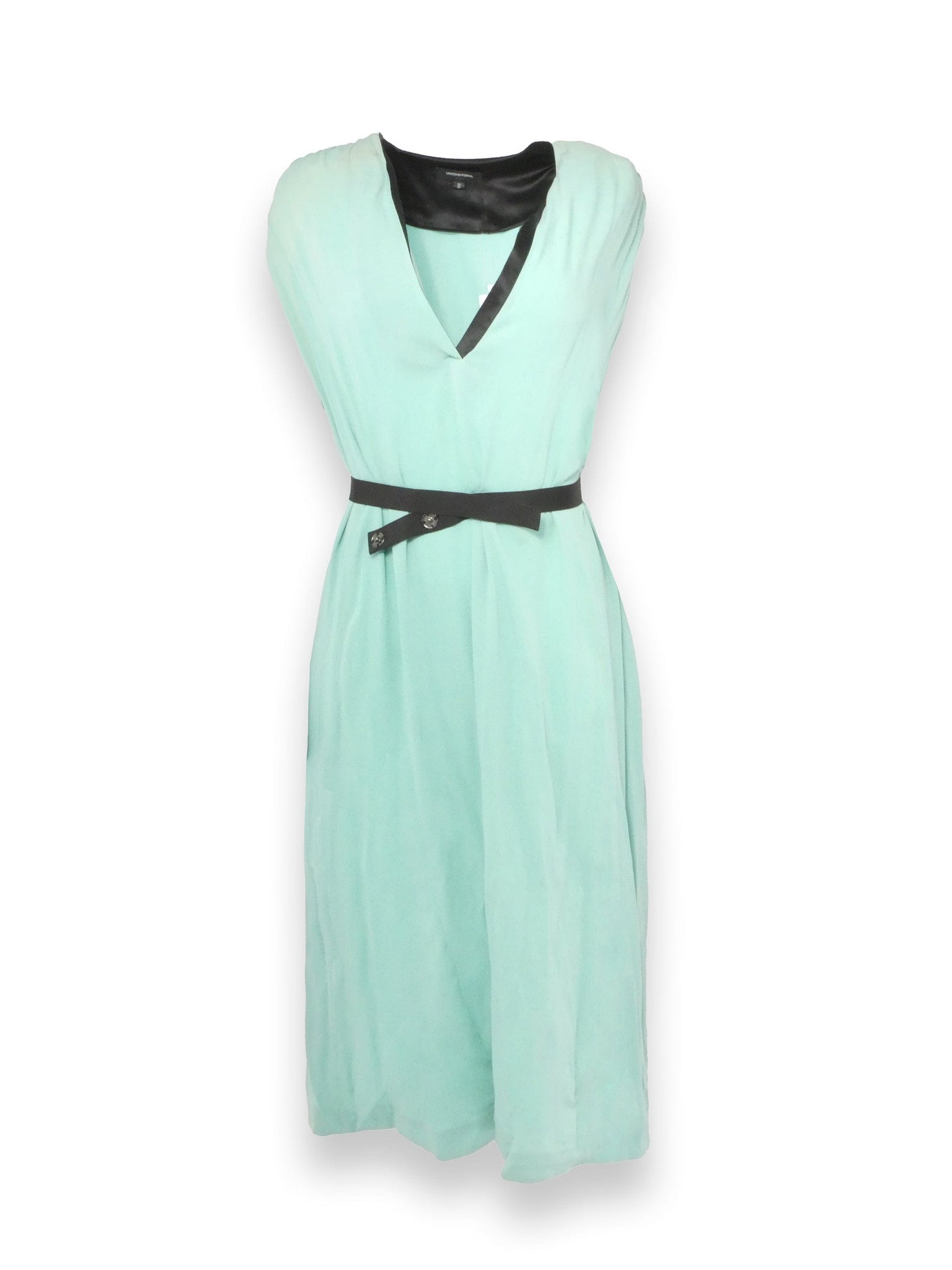 Mint Green Sleevless Dress with Black Button Up Details