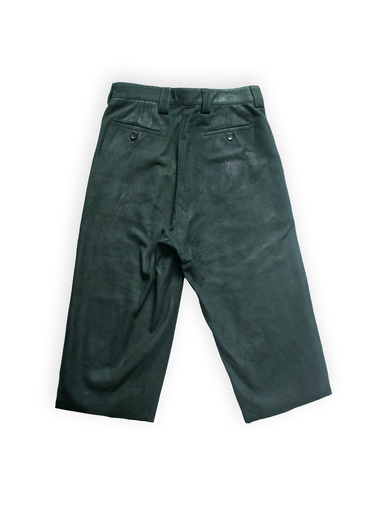 Moss Green Leather Long Pleated Shorts