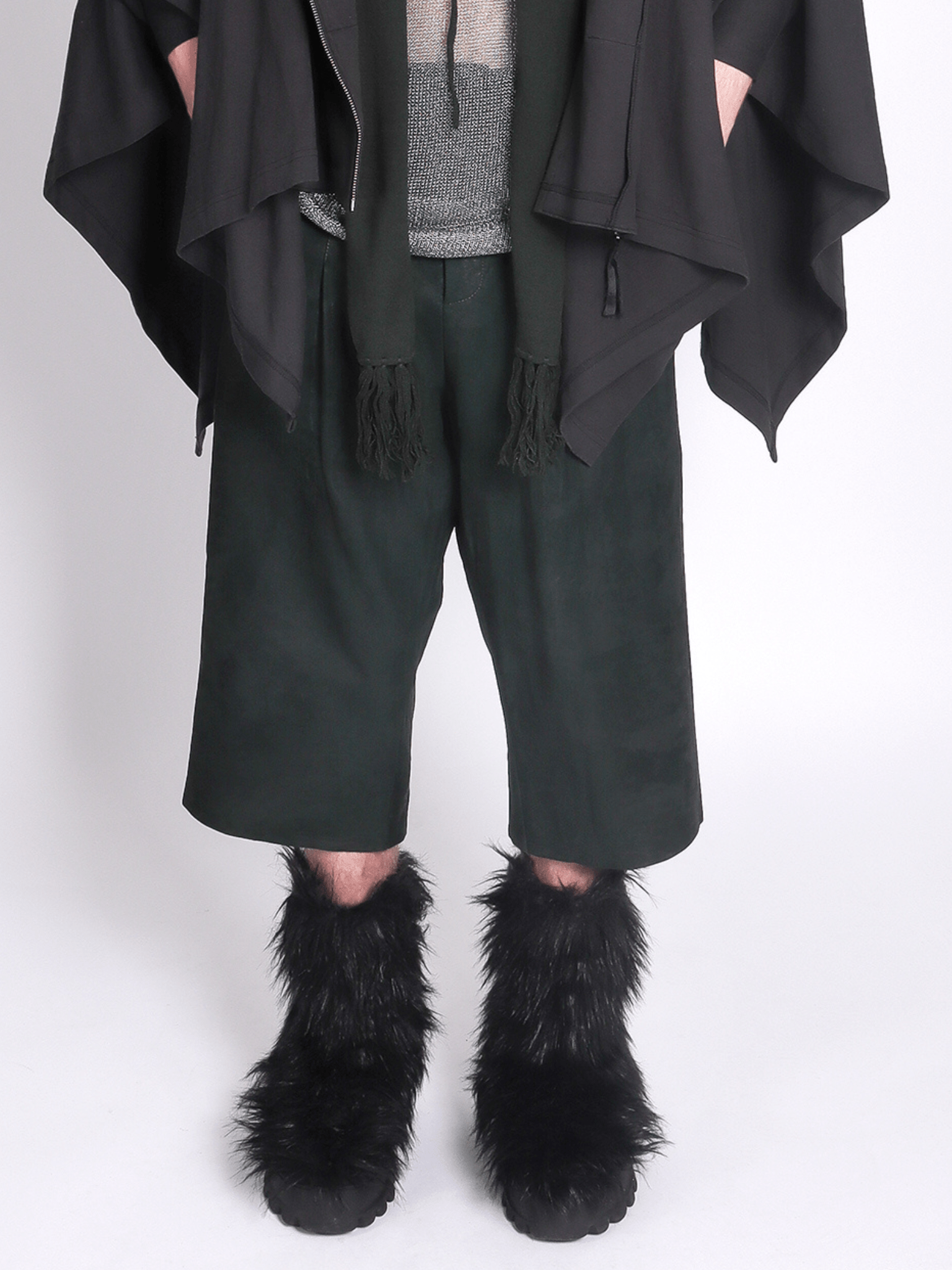 Moss Green Leather Long Pleated Shorts