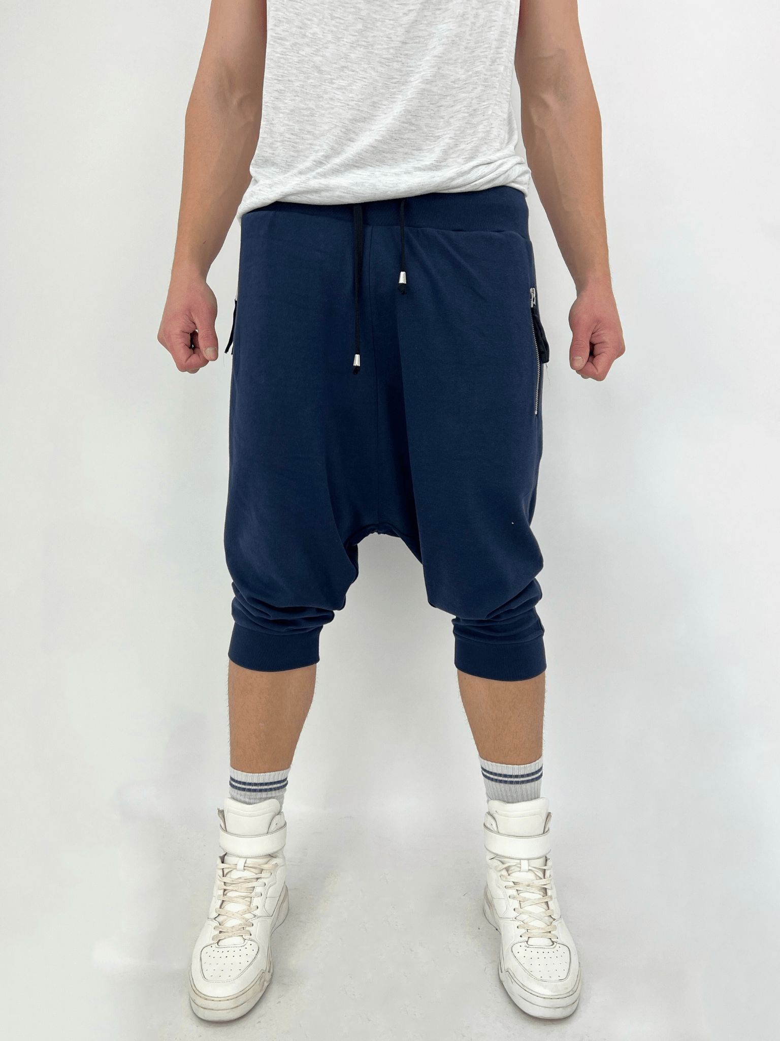 Navy Cropped Joggers with Zip Pockets