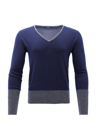 Navy V-Neck Knitted Jumper with Silver Detailing