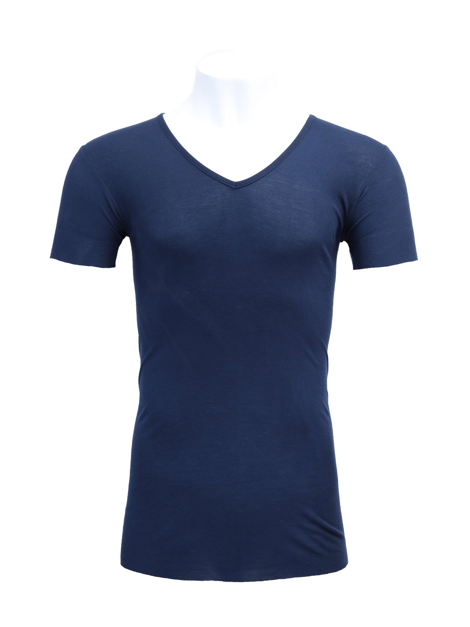 Ribbed Navy V-Neck T-Shirt with Raw Hem