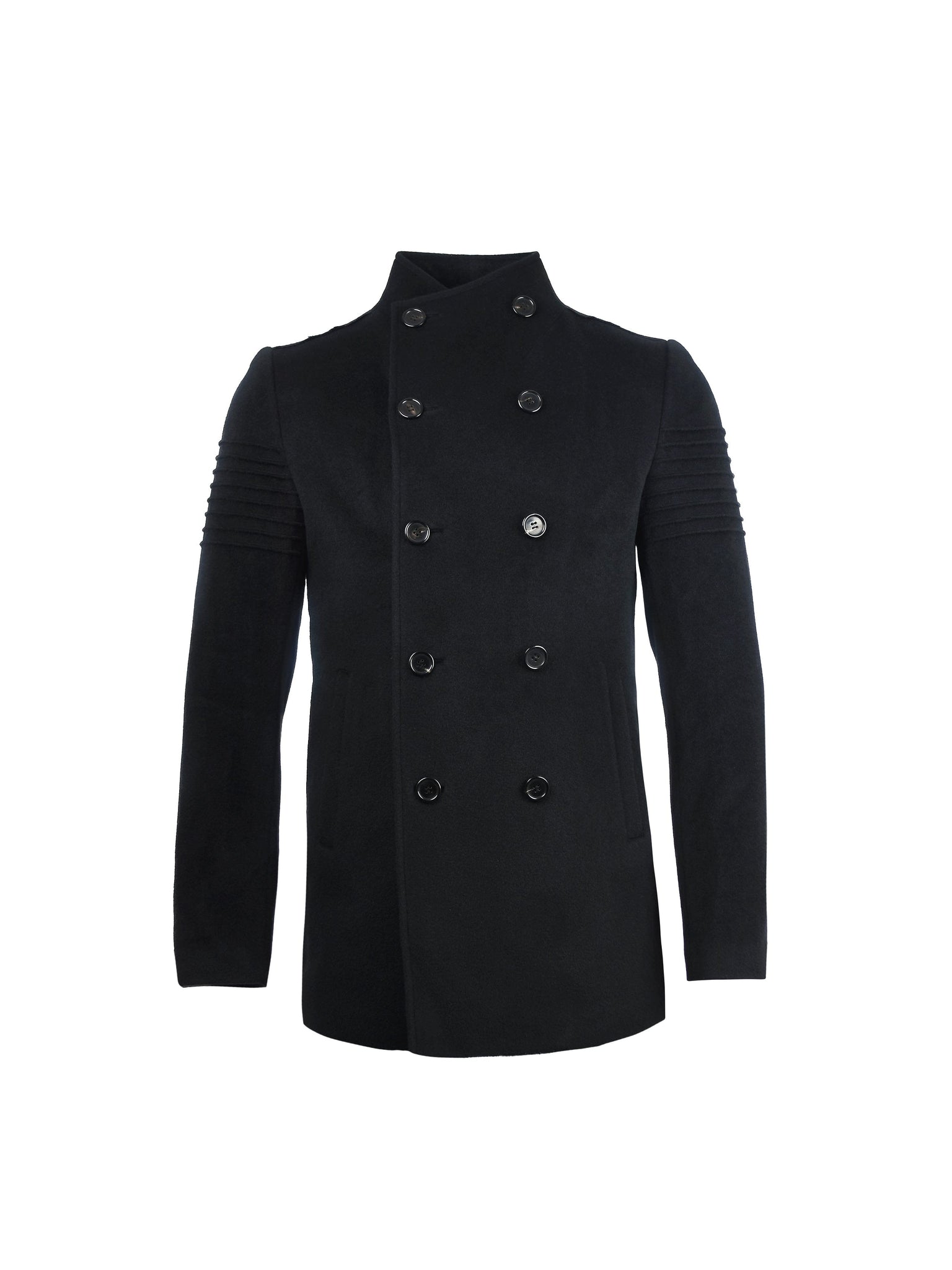 Ribbed Sleeve Wool Overcoat in Black