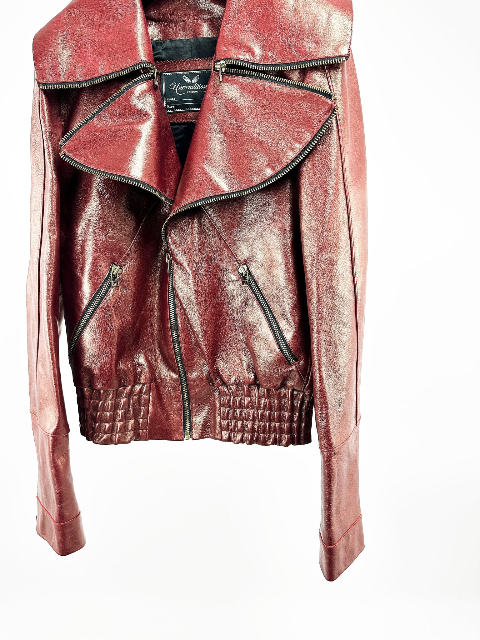 Signature Petal Collar Burgundy Leather Biker Jacket