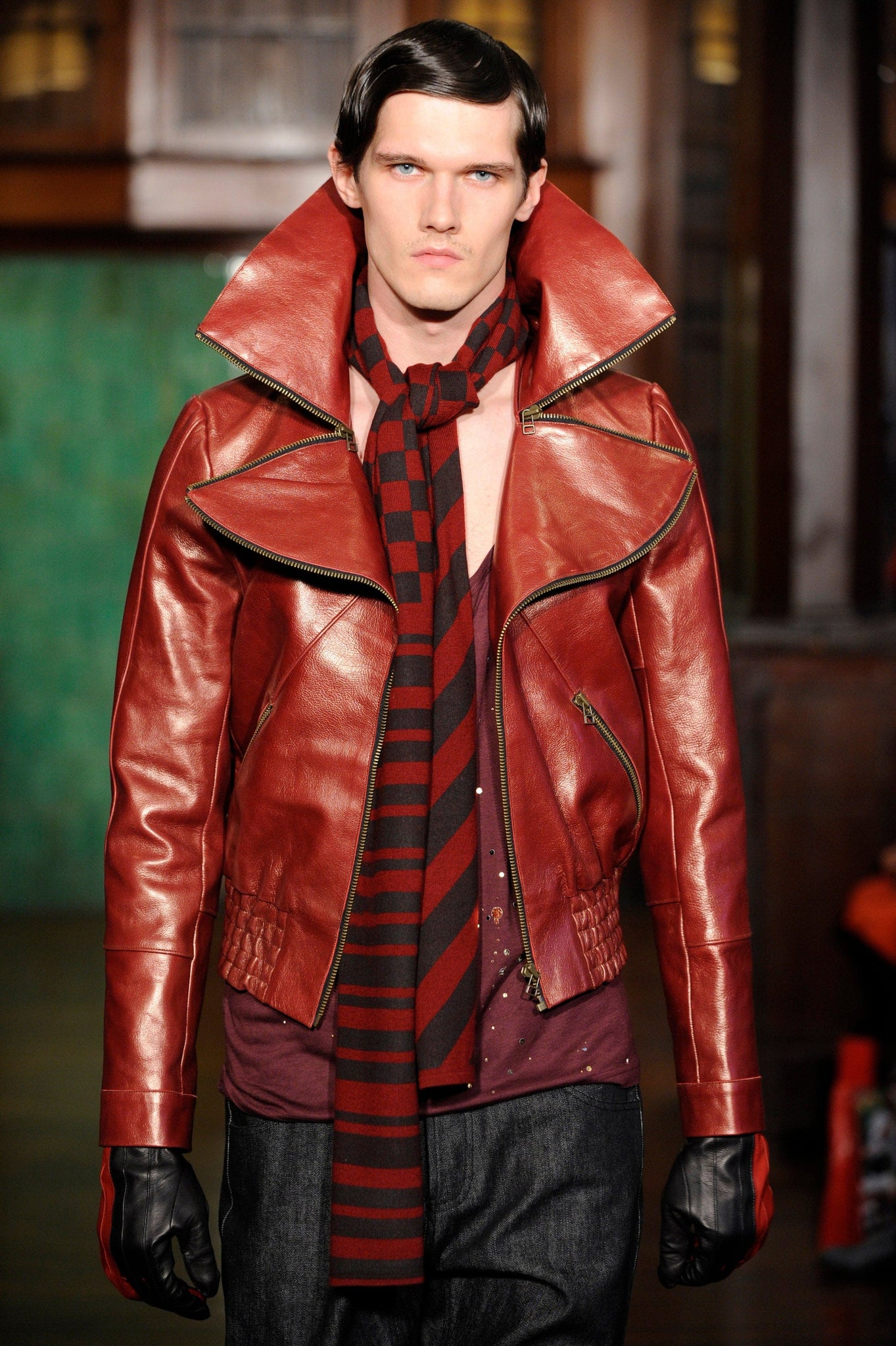 Signature Petal Collar Burgundy Leather Biker Jacket