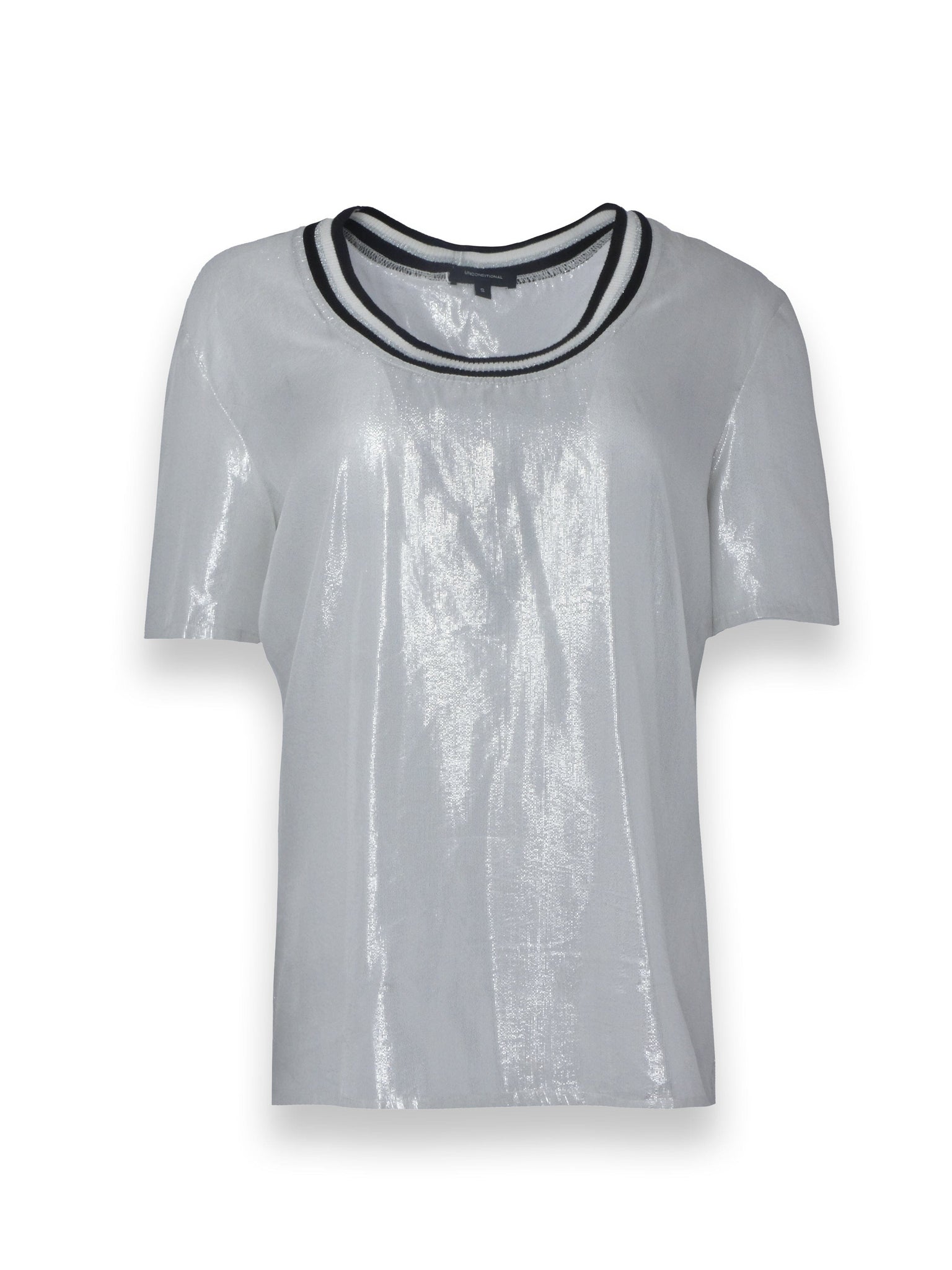 Silver Glitter T-Shirt with Black Striped Neckline