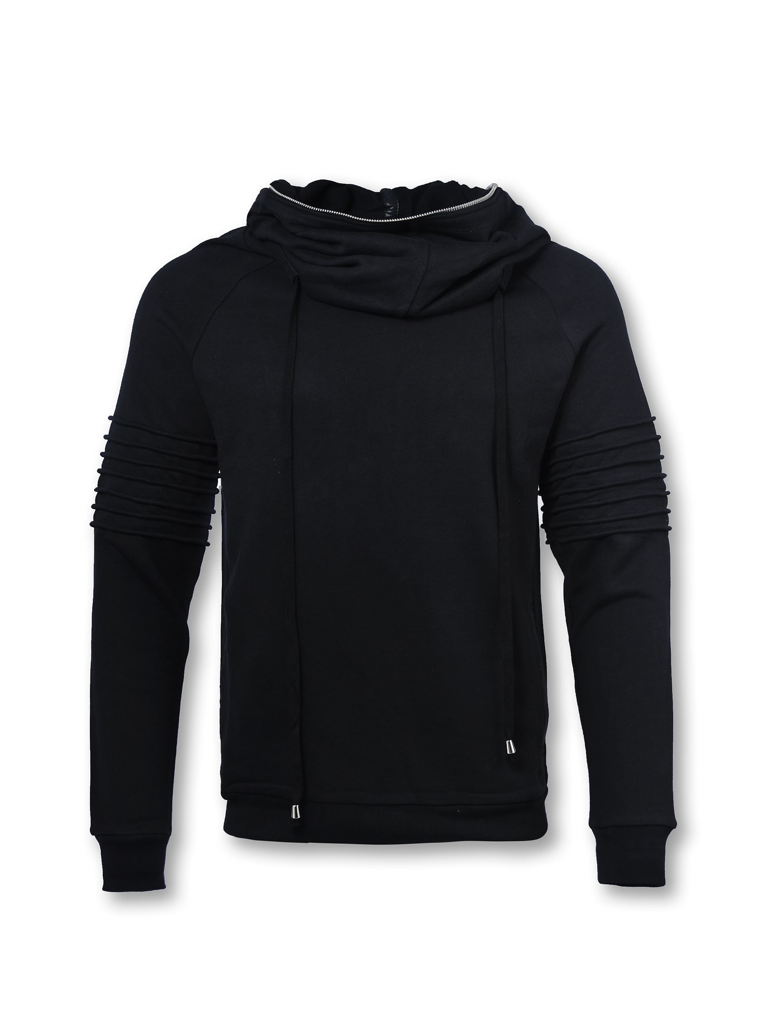 Black Funnel Neck Hoodie with Zip Details