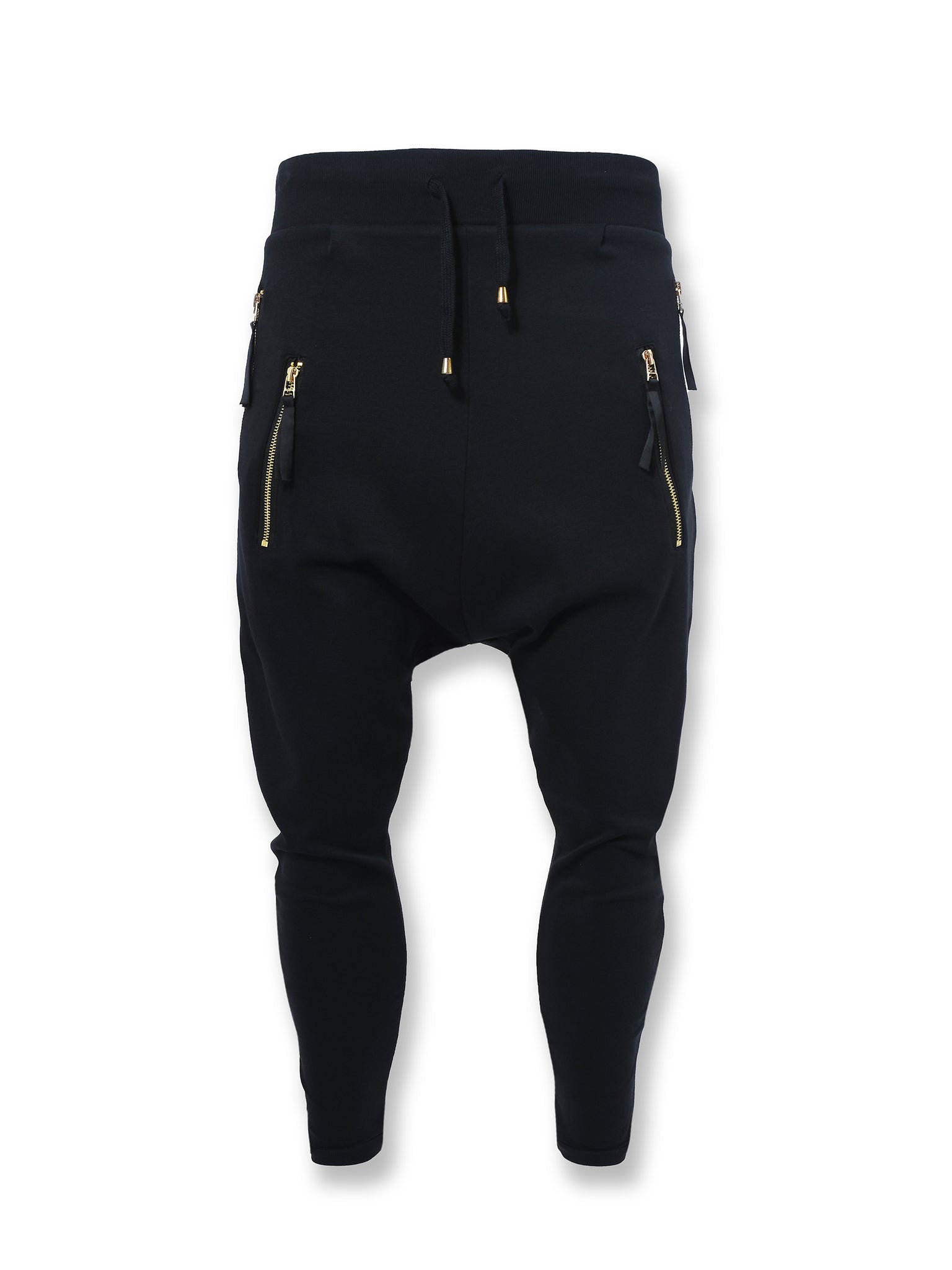 Black Drop Crotch Joggers with Gold Zips