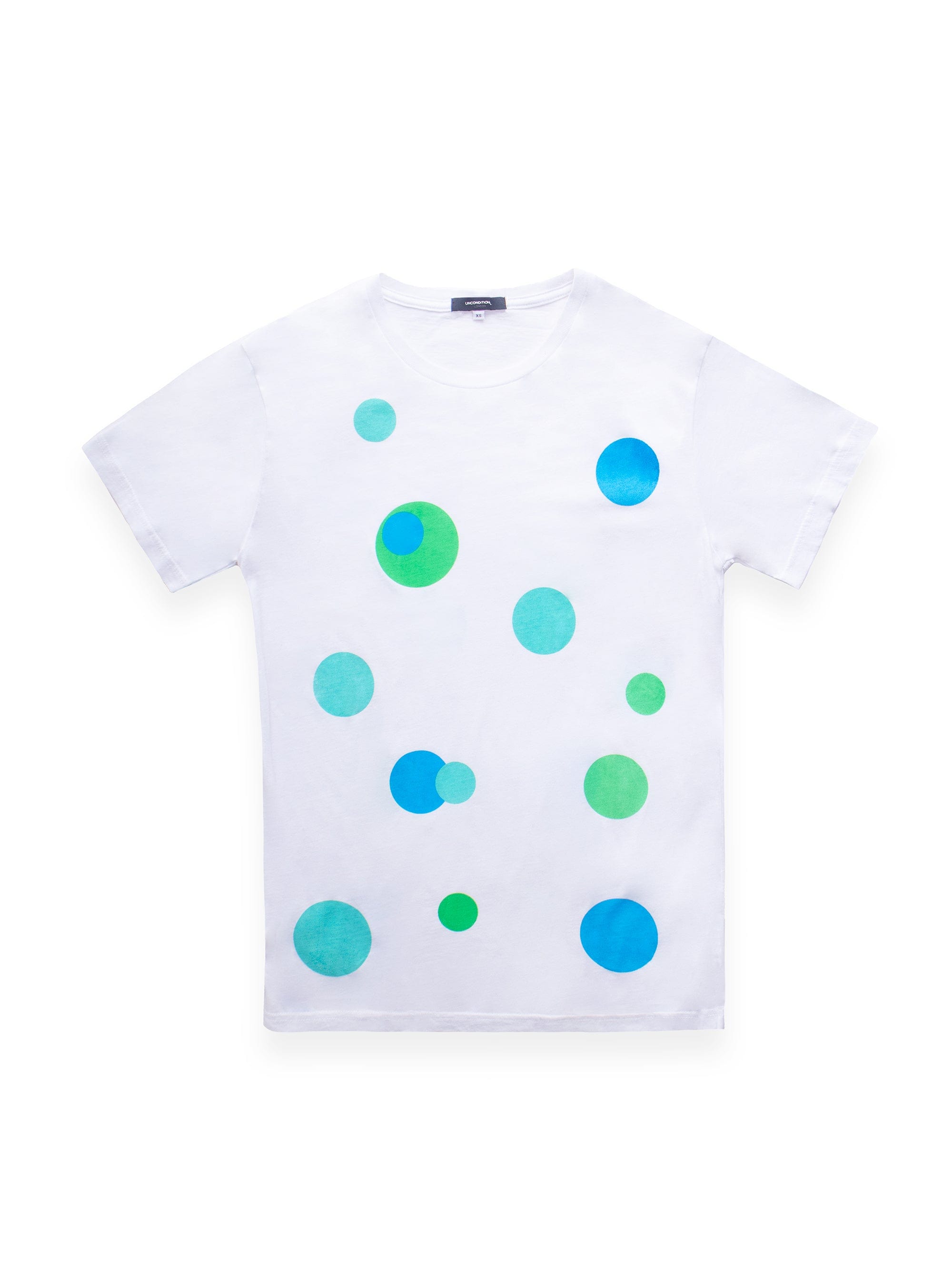 White T-Shirt With Green And Blue Circle Patterns
