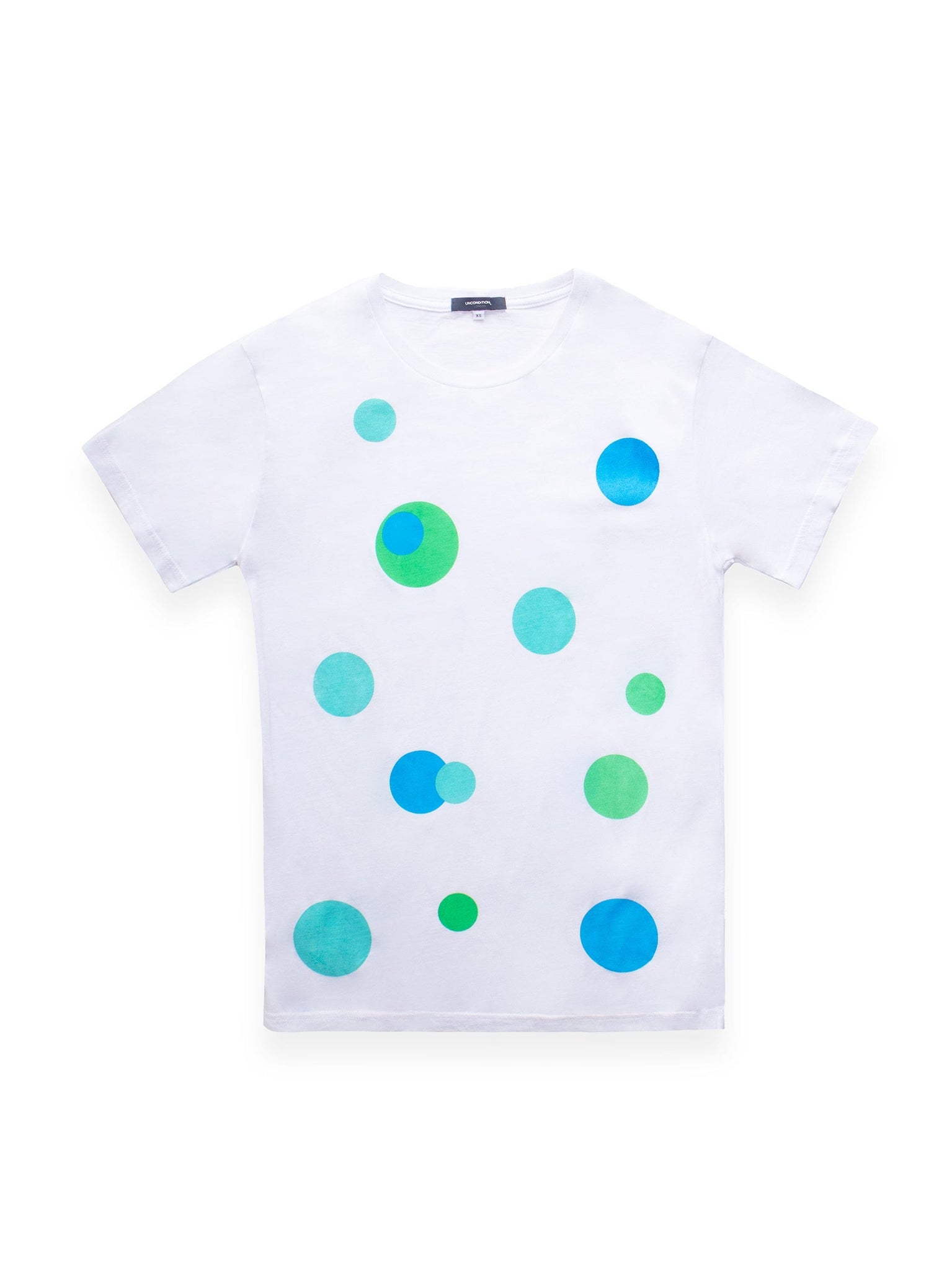 White T-Shirt With Green And Blue Circle Patterns