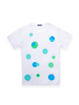 White T-Shirt With Green And Blue Circle Patterns