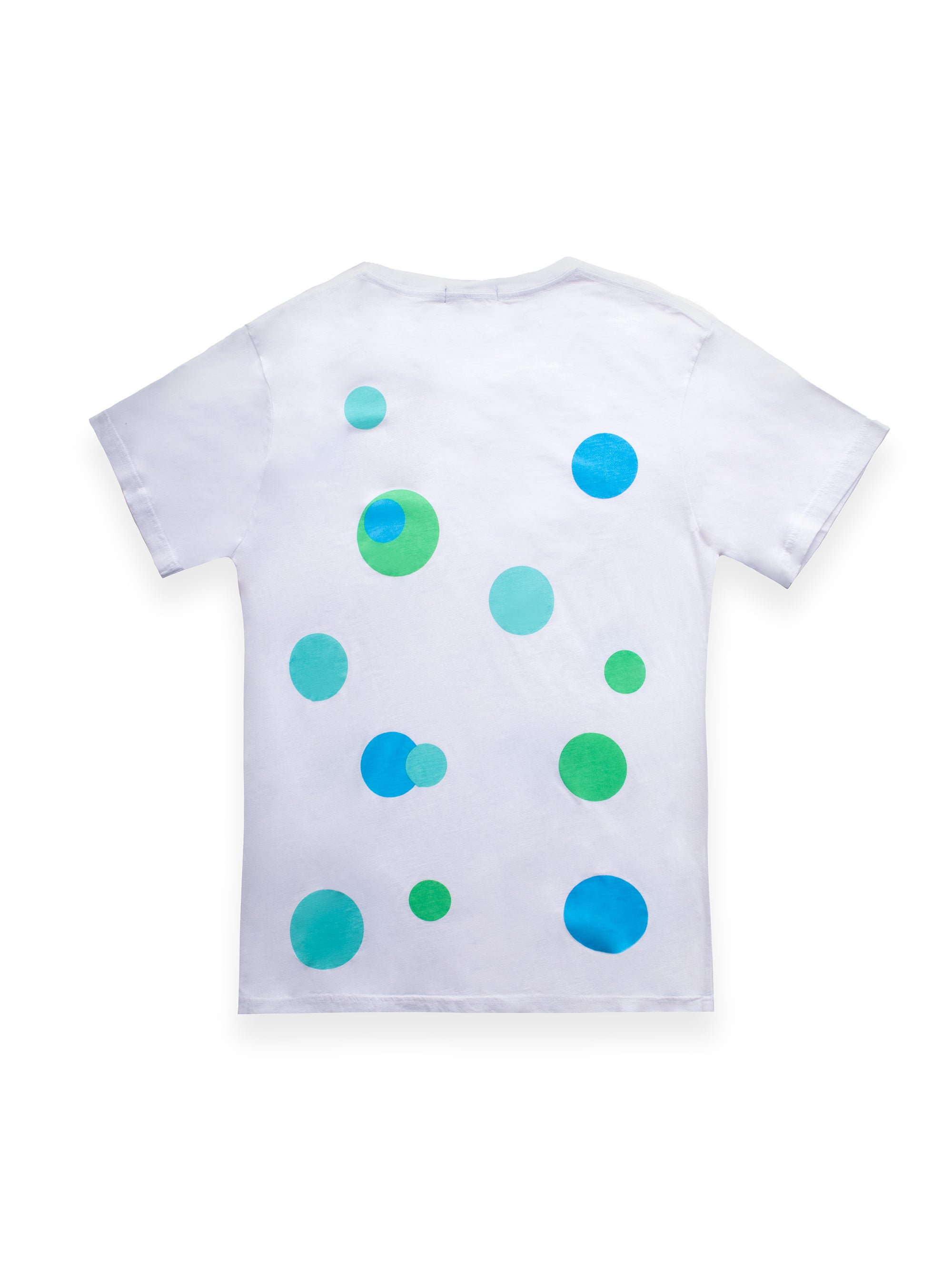 White T-Shirt With Green And Blue Circle Patterns